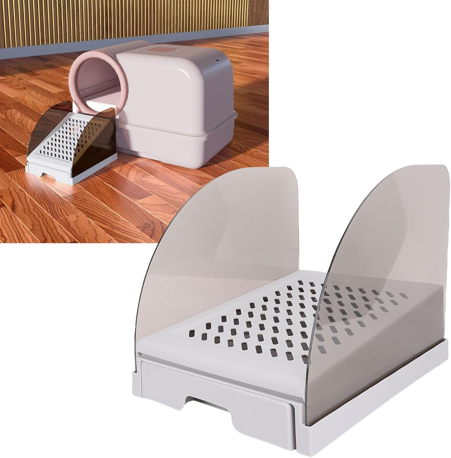 Cat Litter Box Ramp, Adjustable Height Litter Box Step Tool with Drawer and Baffles, anti Tracking and Easy to Clean, Elevated Stairs Easy Entry for Small Elderly Cats (Grey) - White image number 5