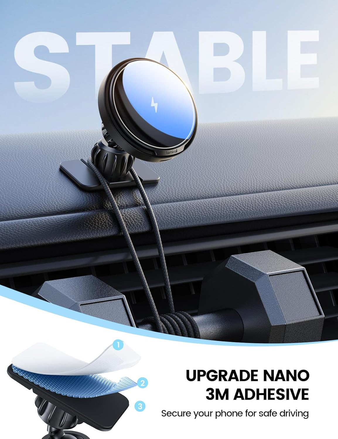 Lamicall for Safemag Car Charger Holder - [15W Fast Charging] Wireless Charger for Car, N55 Magnetic Phone Mount for Dashboard & Air Vent for Iphone 17 16 15 14 13 12 Series & Mag Case - Black image number 4