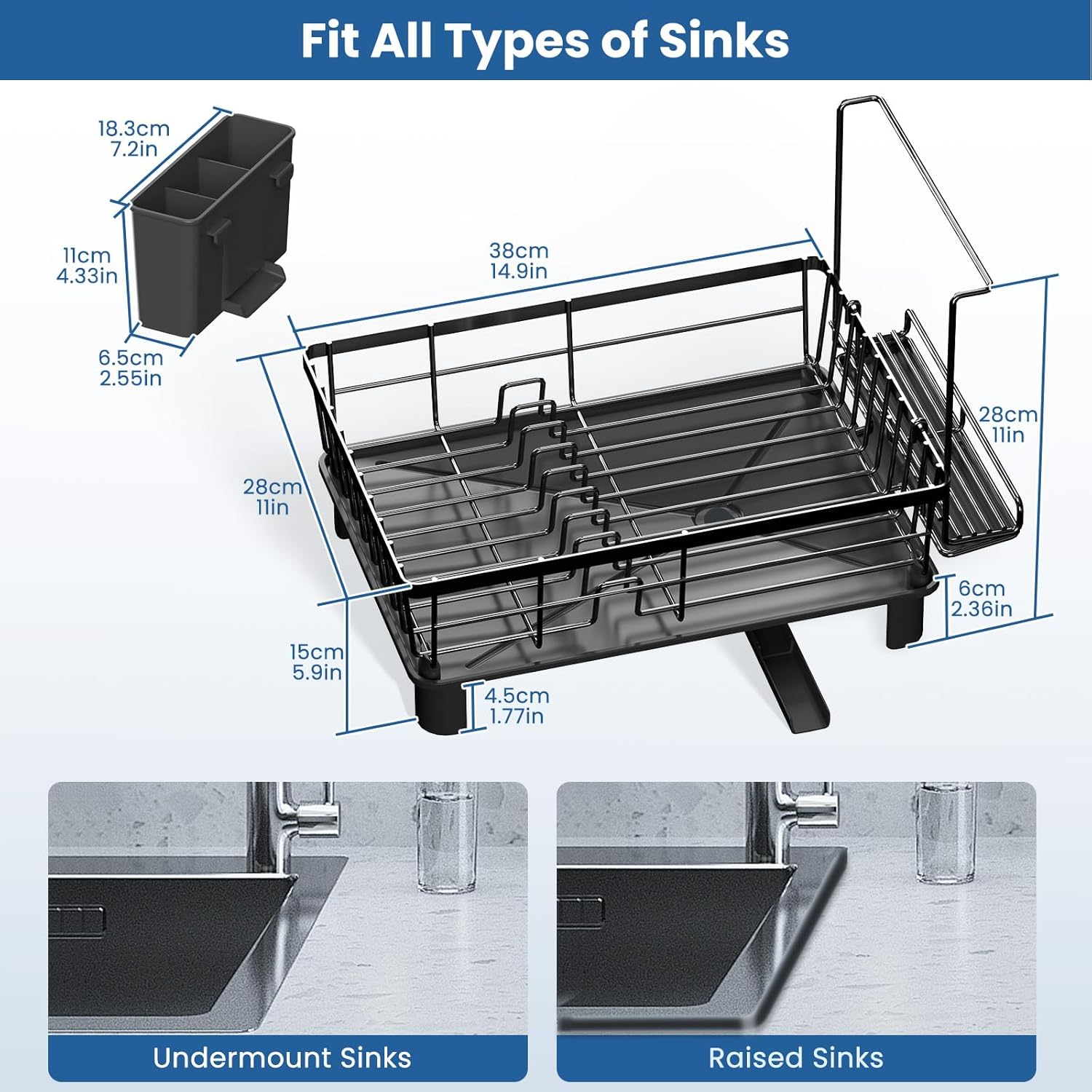 Acemining Dish Rack with Cutlery Holder and Towel Bar, 360&deg; Swivel Drain, Stainless Carbon Steel, Space Saving Kitchen Organizer for Plates, Cups, Cutlery, Black image number 2