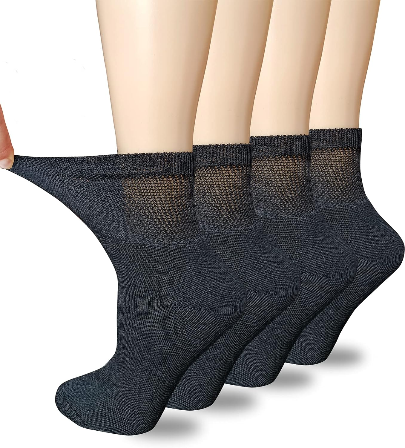 VEIGIKE Women Extra Wide Comfort Fit Loose Fit Quarter Socks Moisture Wicking Cushion Diabetic Socks Loose Fit for Wide Swollen Feet Ankle 4 Pairs 9-11, Black, One Size, Black-4Pairs, One Size image number 3