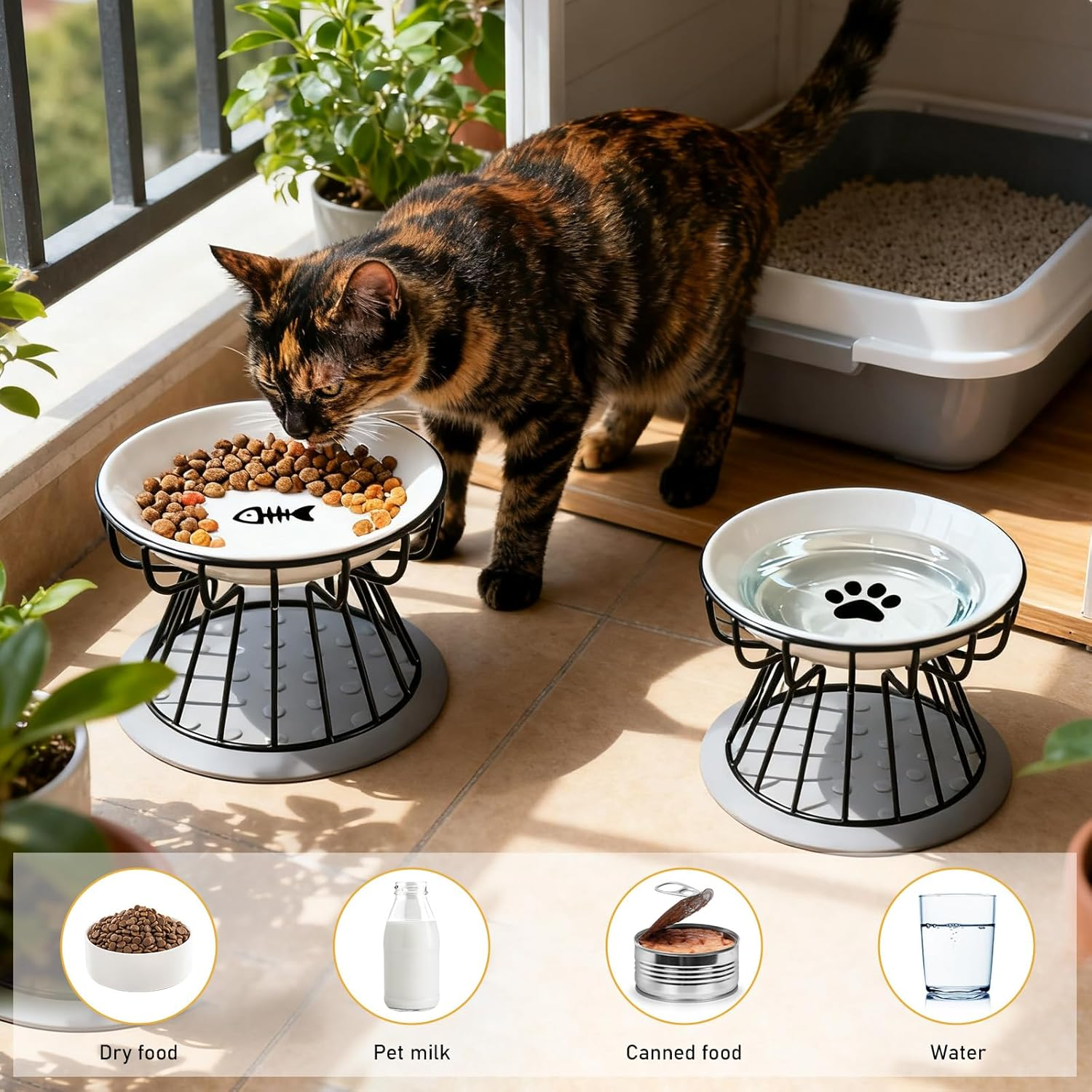 Set of 2 Raised Cat Bowls with Metal Stand, Cat Bowls, Feeding Bowl, Cat Set with Raised Stand, Metal Holder, Pet Feeding Bowl, anti Vomiting Cat Bowl for Cats and Puppies