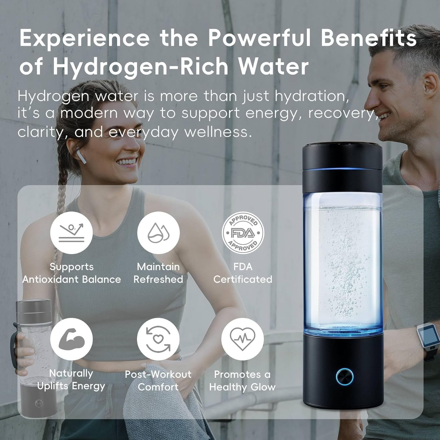 Gasclub Hydrogen Water Bottle Generator, 3000 PPB Portable Hydrogen Water Machine with SPE/PEM Technology, Rechargeable Hydrogen Water Ionizer Machine for Home, Office, Gift