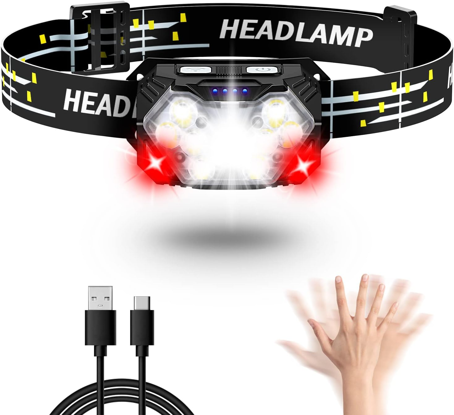 Lsnisni Headlamp LED Rechargeable 1 Piece, Red Light & Motion Sensor, Head Torch 2000 Lumens Rechargeable, 6 Light Modes, IPX5 Waterproof for Children and Adults Camping, Jogging, Fishing image number 3