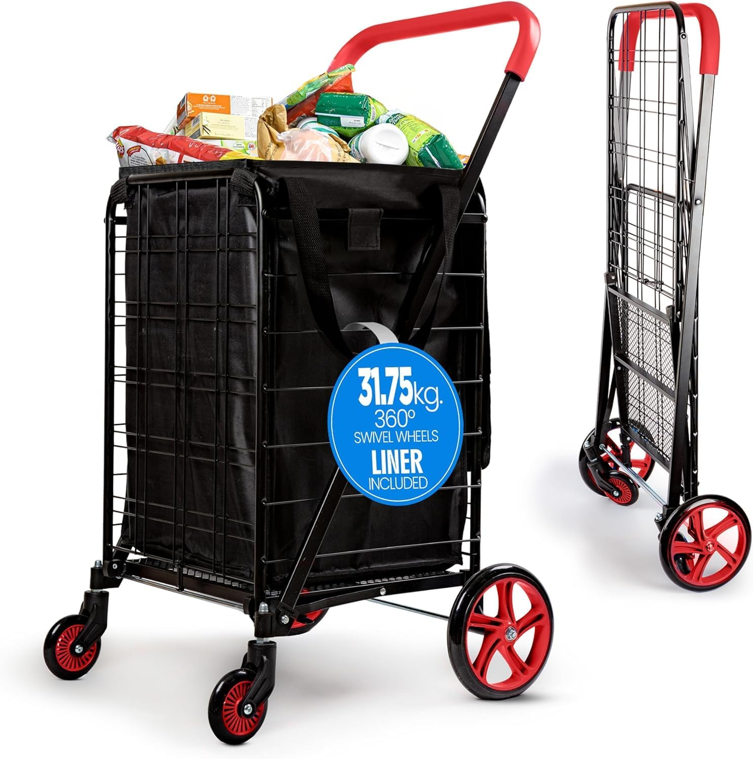 Serenelife Small Foldable Shopping Cart with Cart Liner - 17.72" X 21" X 36.6" Collapsible Grocery Cart with 70 Lbs. Capacity, Removable and Weatherproof Cart Liner, 360&deg; Swivel Wheels (Red) image number 2