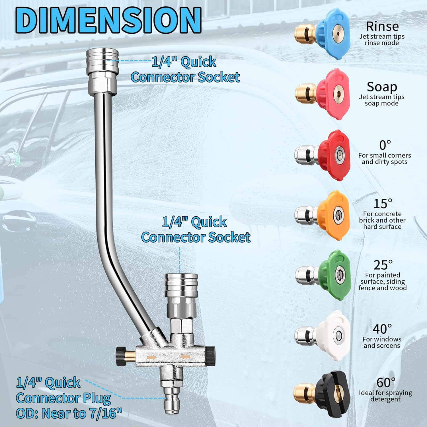 Foam Cannon Dual Connector Accessory,Pressure Washer Double Tip Attachment for Foam Blaster with 7 Power Washer Sprayer Nozzles, 1/4" Quick Connect, 3600 PSI image number 4