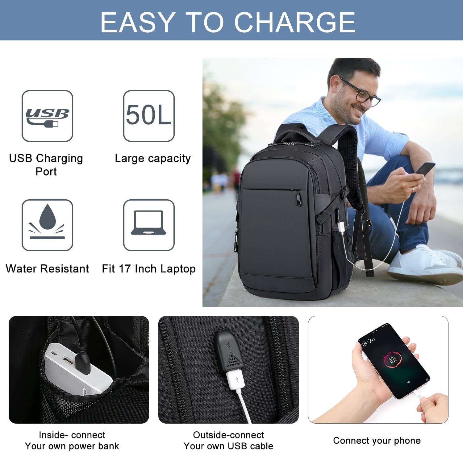 Reppkyh 50L Travel Laptop Backpack,17 Inch Travel Laptop Backpack Flight Approved Computer Bag with USB Charging Port Water Resistant image number 6