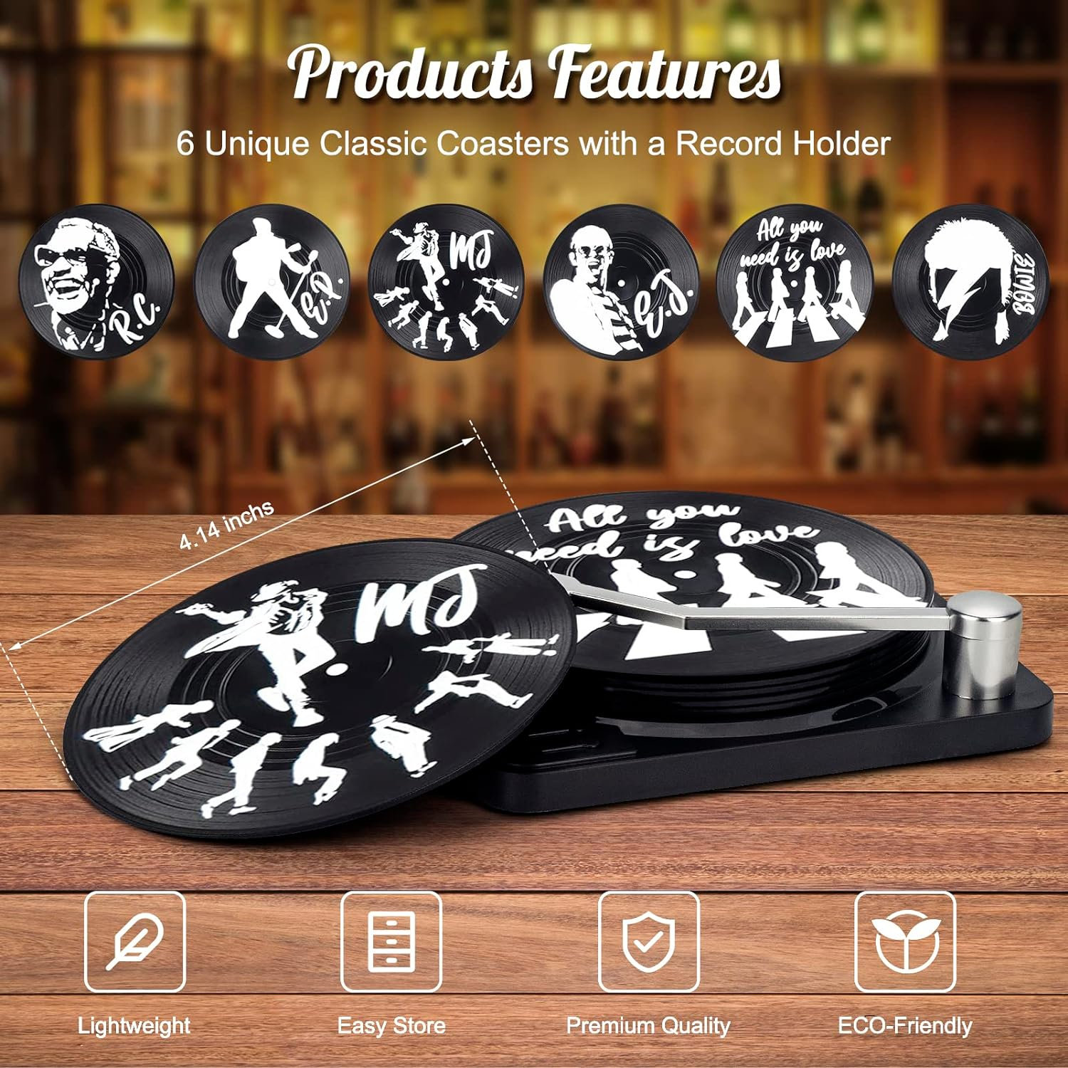 Valdivia Retro Vinyl Record Coasters with Base and Legendary Labels, Coaster Glasses Drink Coasters Set of 6 with Gift Box for Bars, Cafes, Home, Party, Office - Nostalgic image number 2