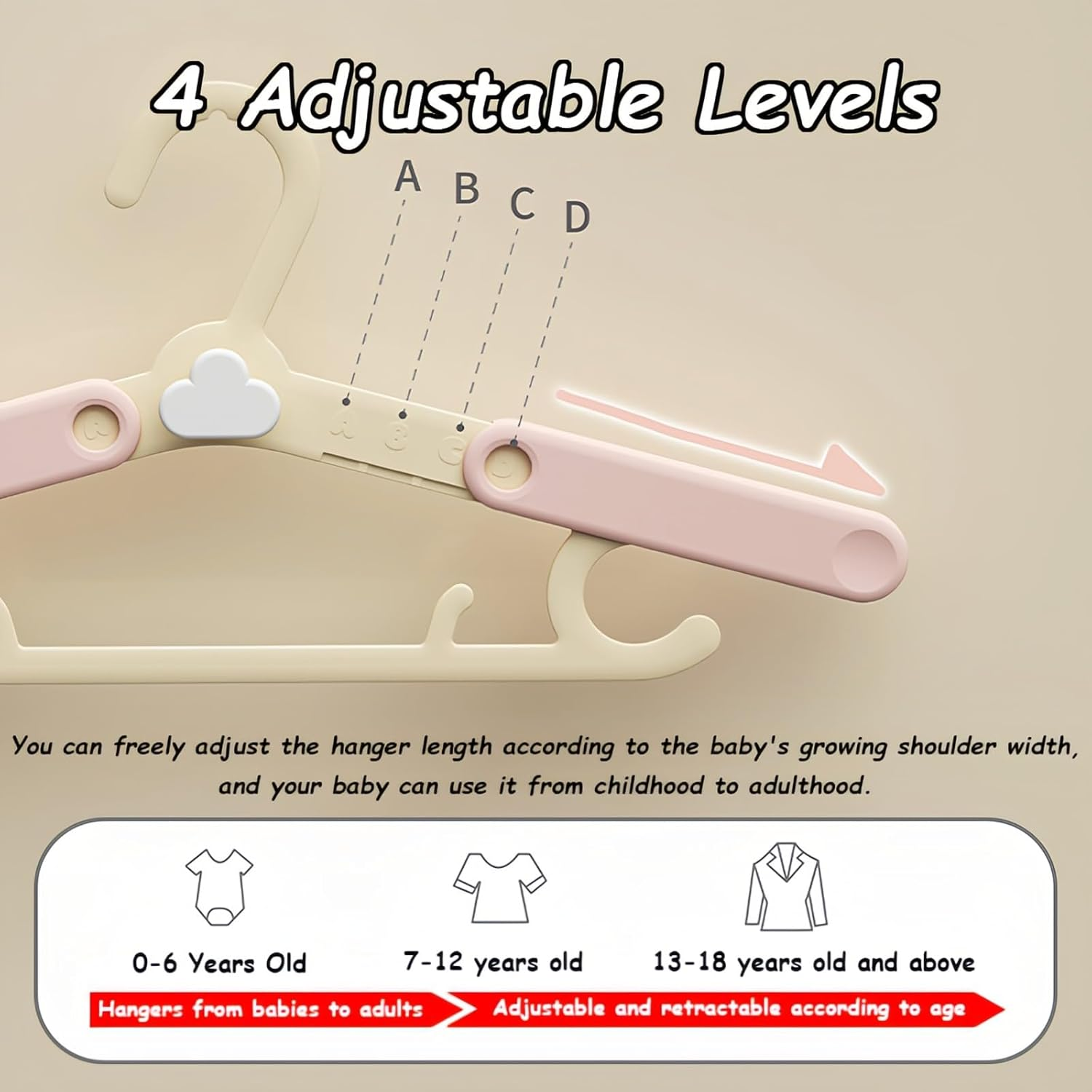 Kids Hangers, 5 Pcs Stackable Baby Hangers with 4 Length Settings, Durable PP Material, Perfect for Toddler & Children&rsquo;S Clothes, Infant Wardrobe Organization (Pink)