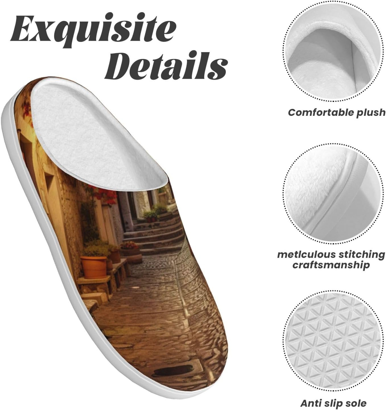 Italian Old Street Print Versatile Use anti Pilling Washable Slippers for Women Men Cozy Stylish Shoes, Black, 5