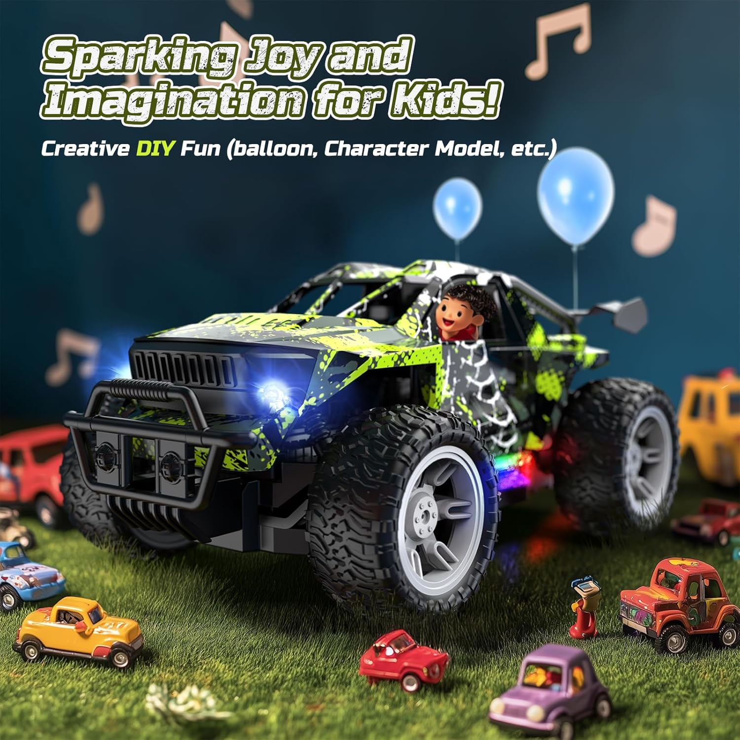 DEERC Remote Control Car with LED Colorful Lights, 1:18 RC Truck for Boys, 2.4Ghz Monster Truck Toy with 2 Batteries, All Terrain Auto Mode Off-Road Race Car, Toys Gifts for Boys Kids Girls image number 2
