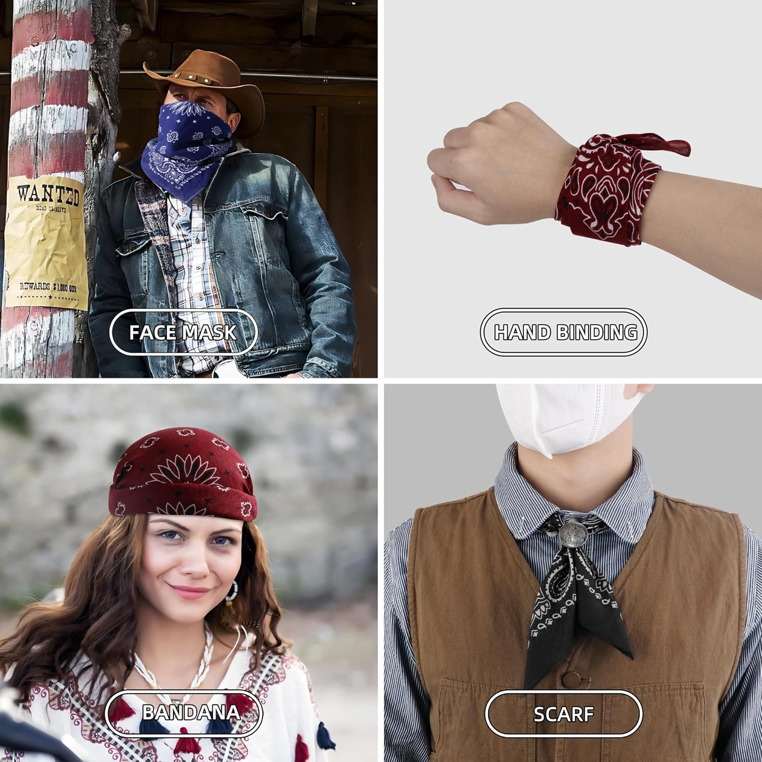 Hymeiluely Western Bandana Scarf with Vintage Coin Buckle, Paisley Pattern Neck Scarf for Men Pocket Square Cowboy Scarves - Light Pink image number 5