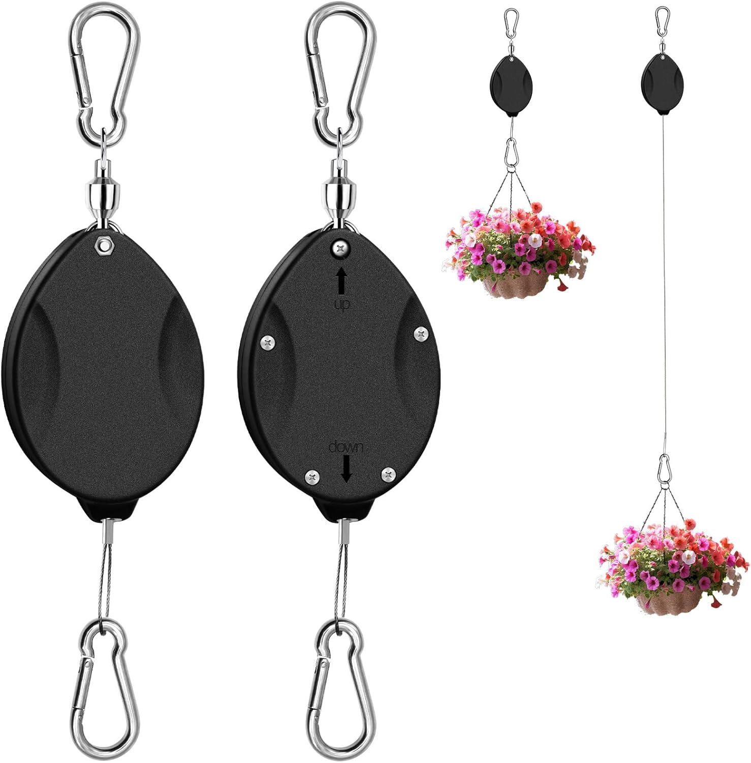 ZUZUAN 2 Pack 2024 Upgraded Heavy Duty Retractable Plant Hanger，Plant Pulleys for Hanging Plants,Easy to Raise and Lower,Auto Lock,Adjustable Hook for Garden Baskets Pots,Birds Feeder,Black