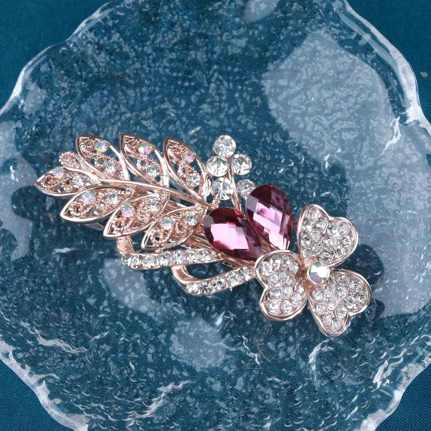 Yheakne Crystal Wedding Hair Clip Barrette Gold Rhinestone Hair Clip Bling Bridal Hair Clips Headpiece CZ Crystal Hair Clip Shiny Sparkling Bridal Hair Accessories for Women and Girls (Purple)