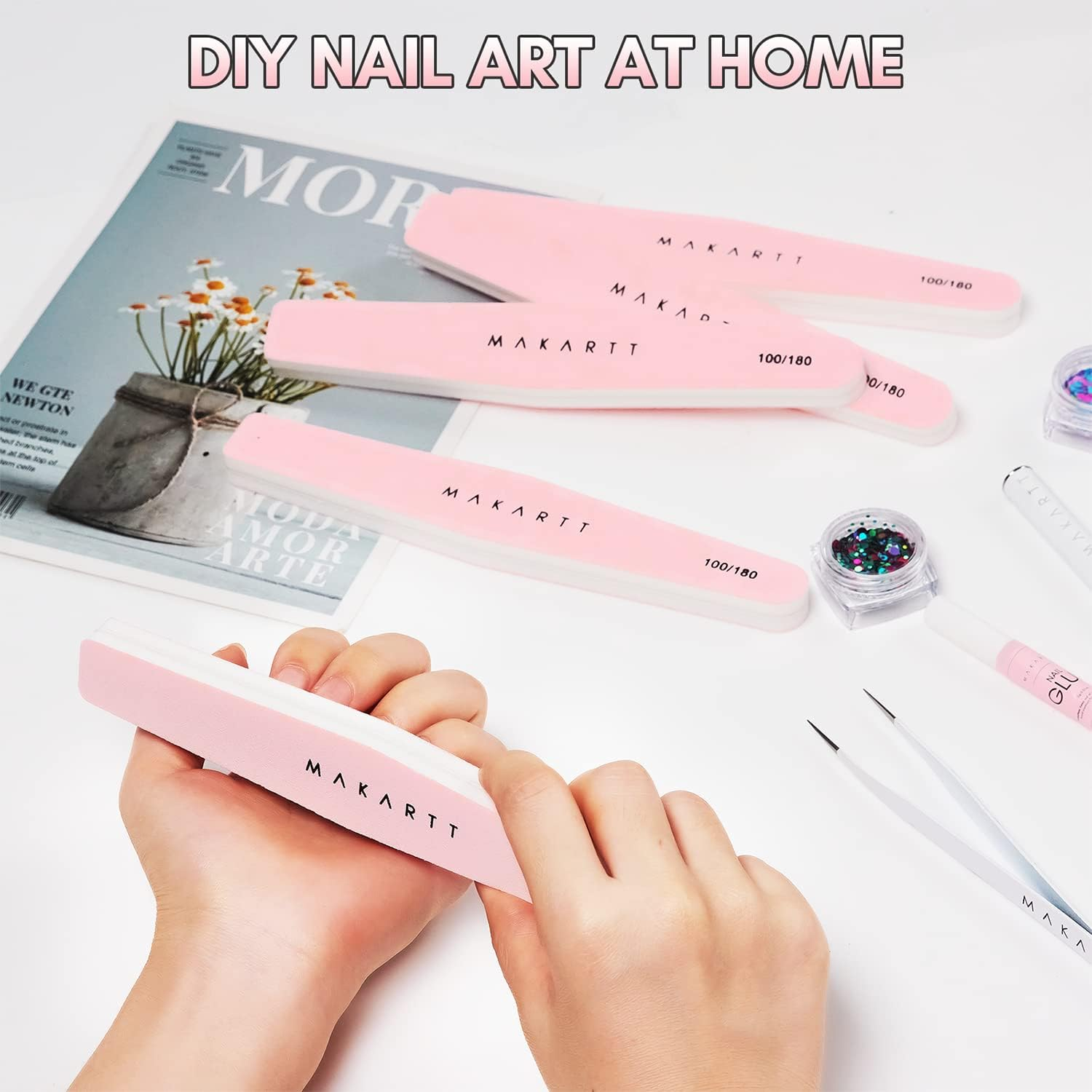 Makartt Nail Buffer Block, 100/180 Grit Sponge Nail Files, 10Pcs Double Sides Pink Nails Sanding Filer for Acrylic Gel, Professional Manicure Art Buffering Kit for DIY Salon Use image number 5