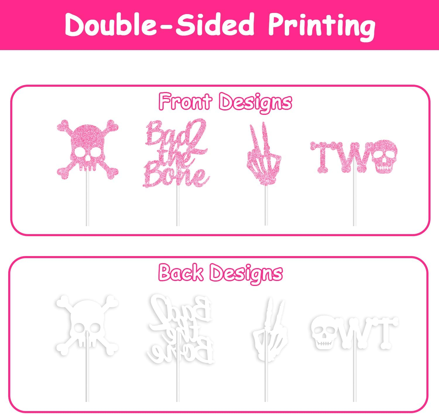 Bad Two the Bone Cake Toppers 36PCS Pink Gold Glitter Rock N Roll 2Nd Cake Toppers Bone Skull Birthday Cake Decorations Rock Music Theme Cake Decorations for Girls 2Nd Bday Party Supplies image number 1