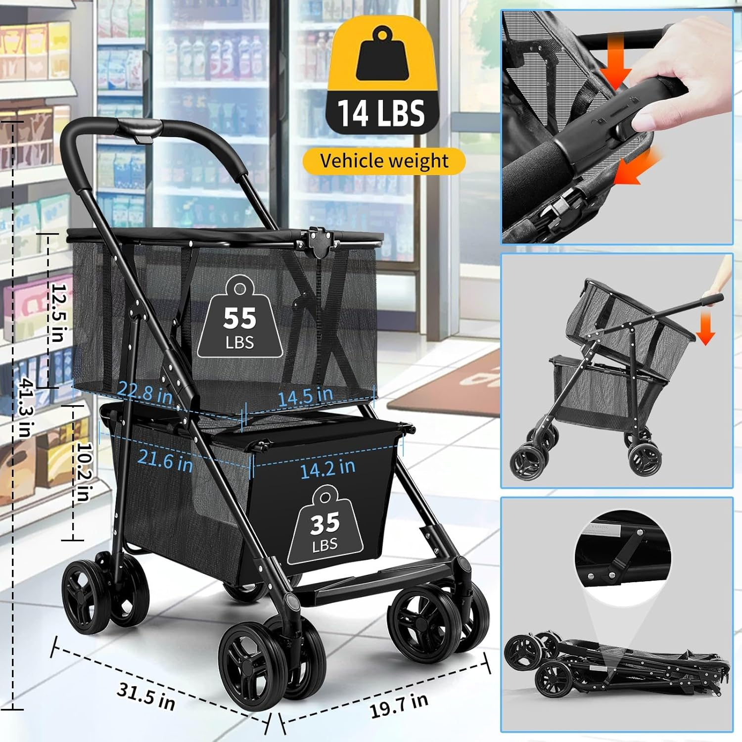 Foldable Shopping Cart 120 Liters Double Layer Portable Shopping Trolley Carts Grocery Cart Utility Cart with Removable Storage Bag Larger Capacity for Office Shopping Picnic Groceries Laundry image number 5