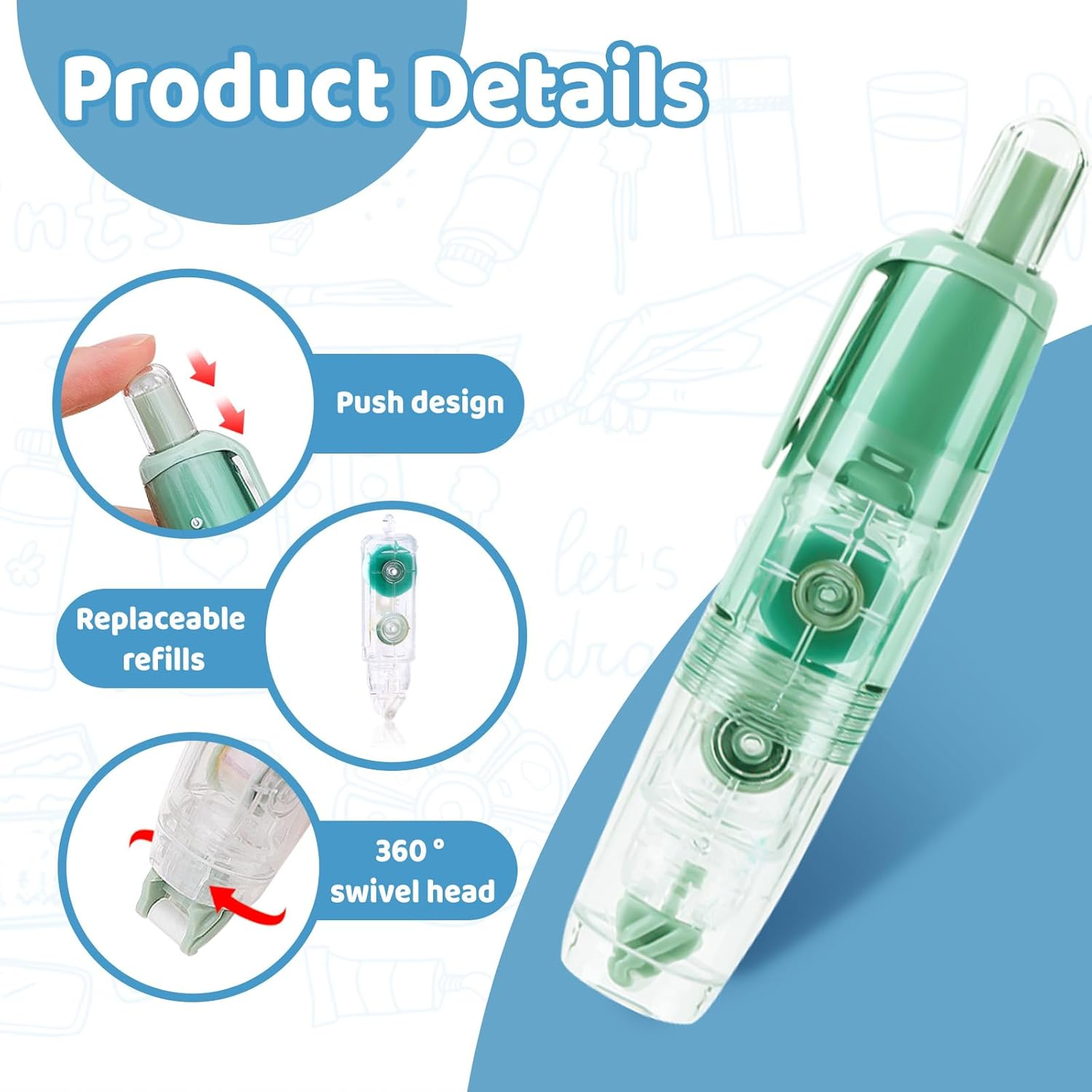 Huakaile 4 Pack 0.23" X 16 Ft Double Sided Tape Roller with 6 Refills, Retractable Glue Tape Roller Adhesive Tape Runner for Scrapbooking Journaling School Office Supplies