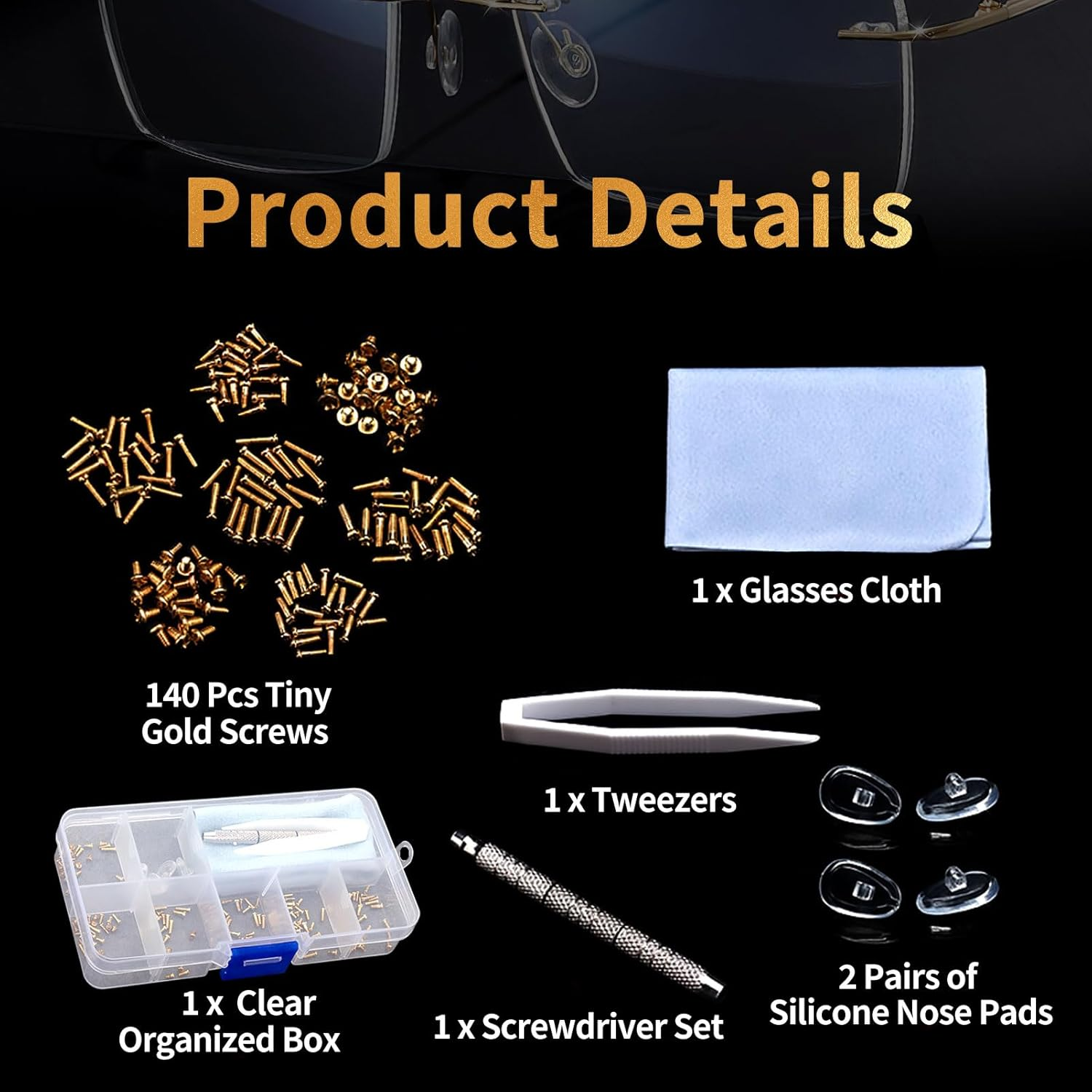 Sunglasses Eyeglasses Repair Kit 140PCS Gold Tiny Stainless Steel Screws and 2 Pairs Nose Pads with Micro Screwdriver Tweezer for Watch Clock Spectacle Eyewear Repair image number 2