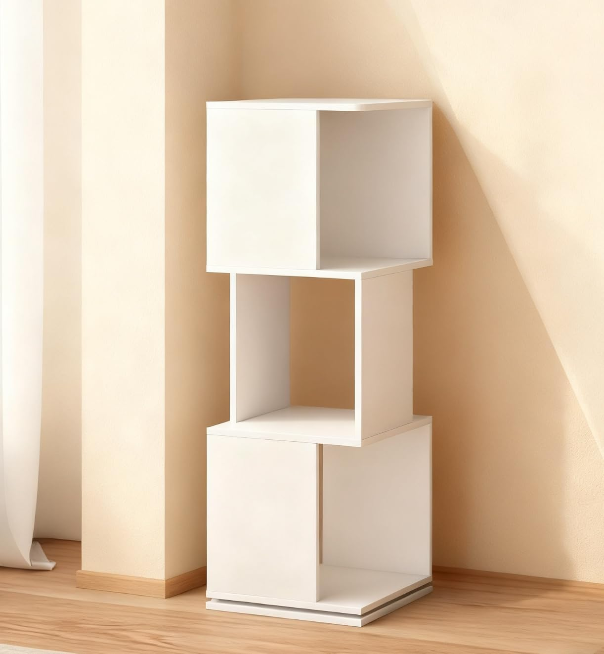 Rotating Bookshelf, 3-Tier Wooden Bookcase, Corner Standing Display Shelf Organizer, CD Storage Rack for Small Space Living Room Office Kids Furniture, White image number 3