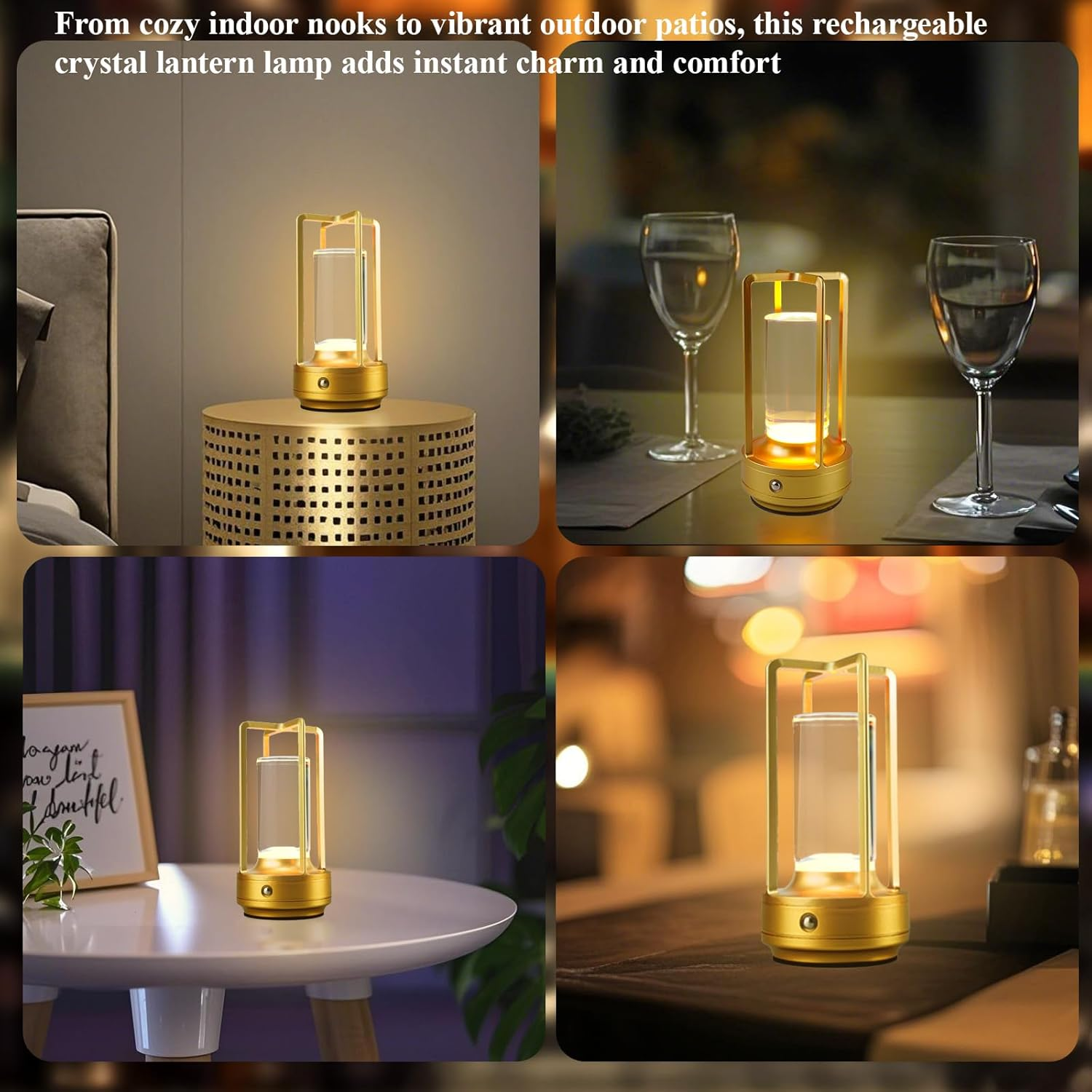 Small Table Lamp Rechargeable Table Lamp Cordless, 3 Color | Crystal | Stepless Dimming, for Dining Room, Living Room, Bar, Cafe, Restaurant, Patio, Camping (Gold) image number 5