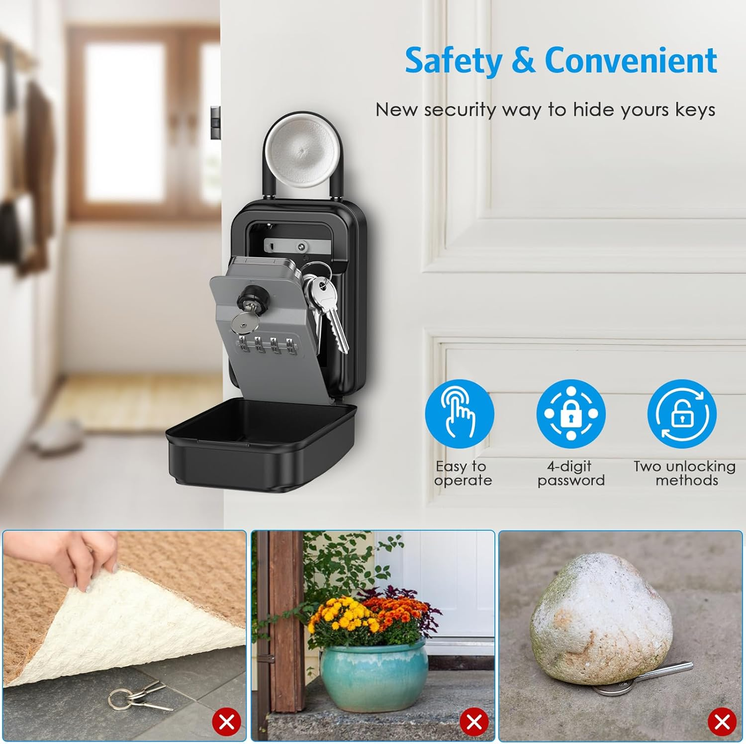 New AMIR Key Safe Box with 4 Digit Combination and Emergency Key,Portable Combination Lockbox Wall-Mounted Key Storage Box with Removable Shackle,Resettable Code,Waterproof,For Home,Office,Outdoor image number 3