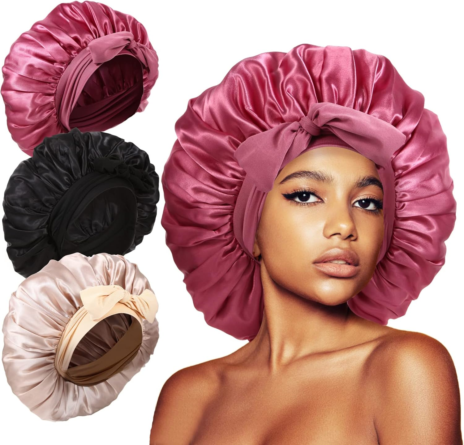 3Pcs Bonnet Silk Bonnet for Sleeping, Satin Bonnet for Sleeping Extra Large Hair Bonnets for Sleeping Shower Cap