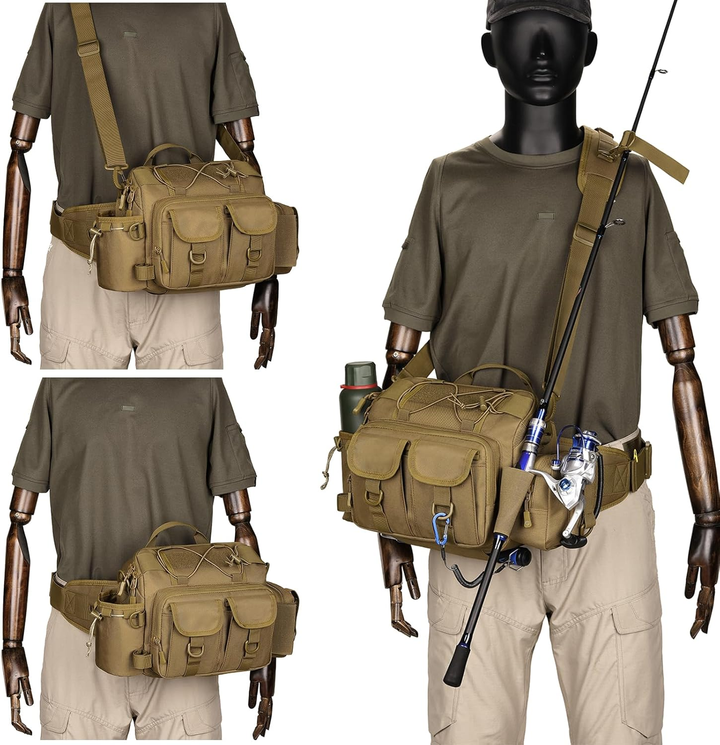 Fishing Tackle Bag Crossbody Sling Bag Fly Fishing Gear Organizer Pack for Fishing Hiking Camping Hunting Waist Bag for Men 1000D Nylon Waterproof (Black)