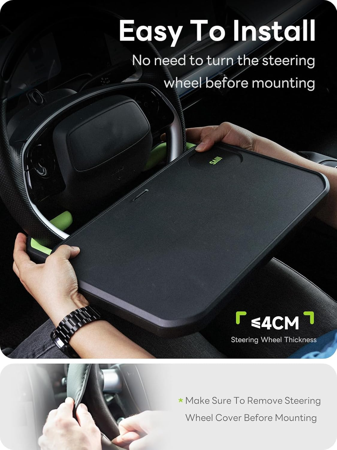 SAIJI Car Steering Wheel Desk with Retractable Slot, Car Food Tray with Anti-Scratch Silicone Steering Wheel Slot, Car Table Tray for Eating with Cup Holder, Multifunctional Travel Car Accessories image number 1