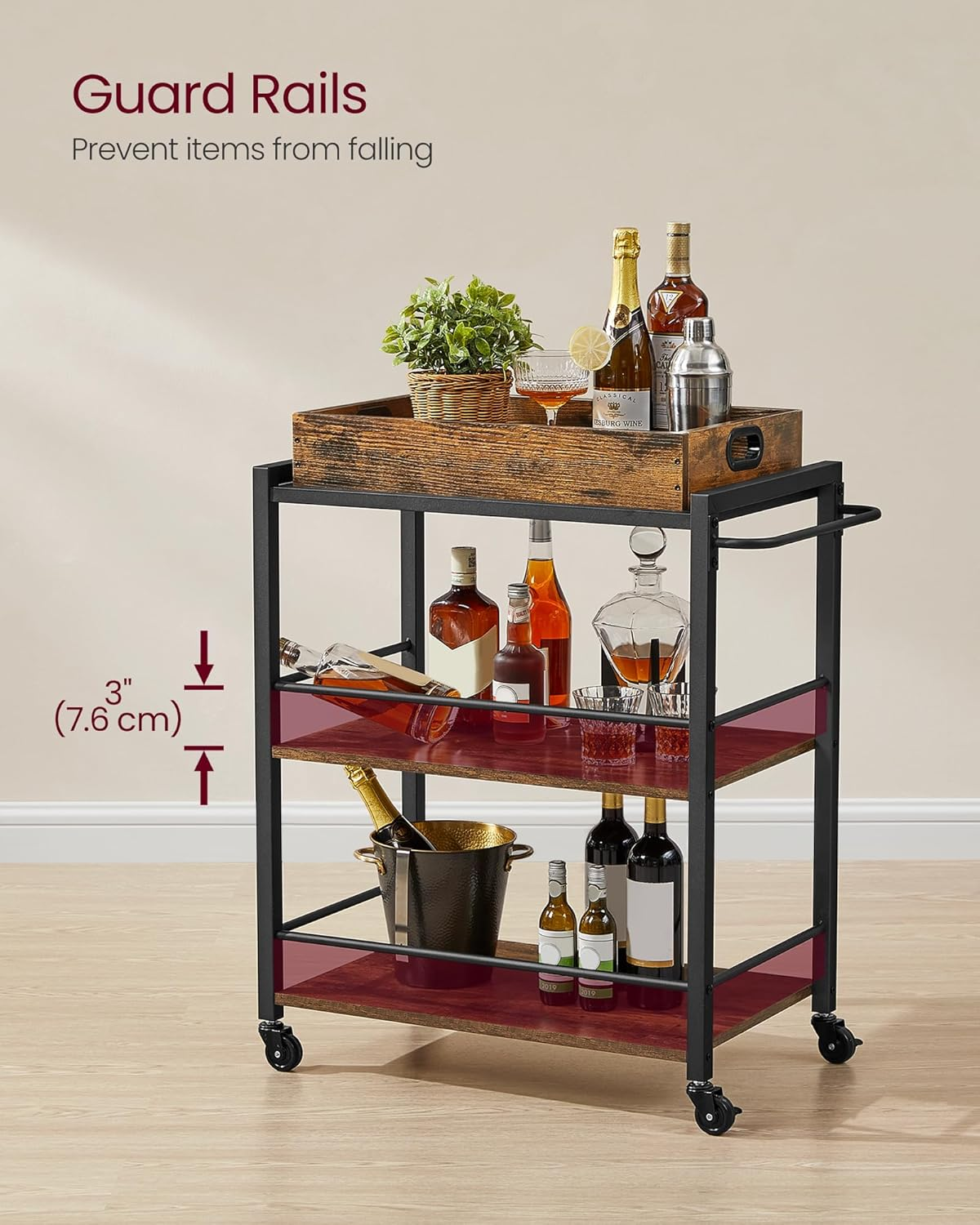 VASAGLE Industrial Bar Cart for the Home, Serving Cart with Wheels and Handle, 3-Tier Beverage Cart with Removable Tray and Storage Shelves for Living Room Kitchen, Rustic Brown and Black ULRC72X - Black image number 2
