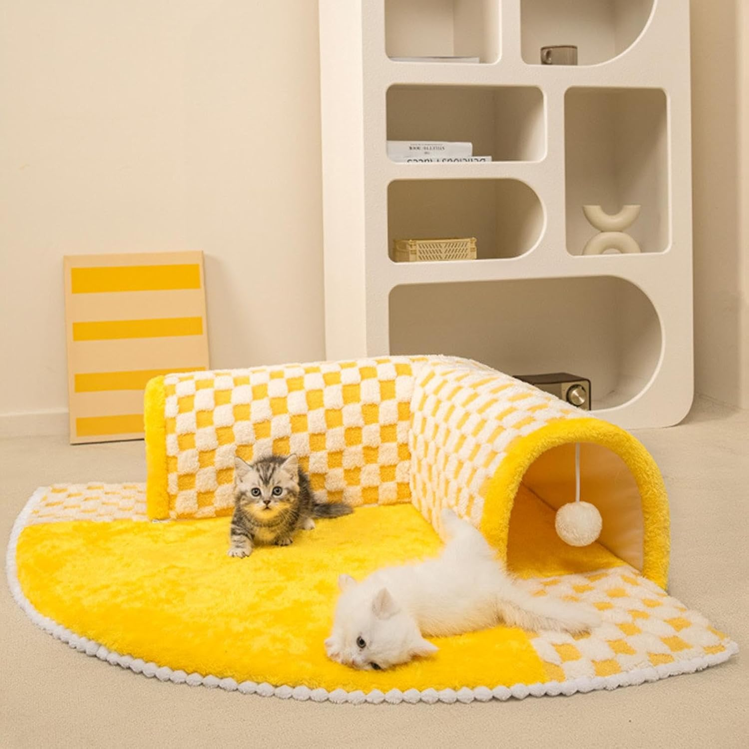Fluffy Cat Bed with Tunnel | Interactive Pet Cave | Yellow Cat Bed Tunnel, Fluffy Square Tunnel, Cat Tunnel Bed for Indoor Cats, 2 in 1 Foldable Indoor Soft round Cat Tunnel Bed image number 3