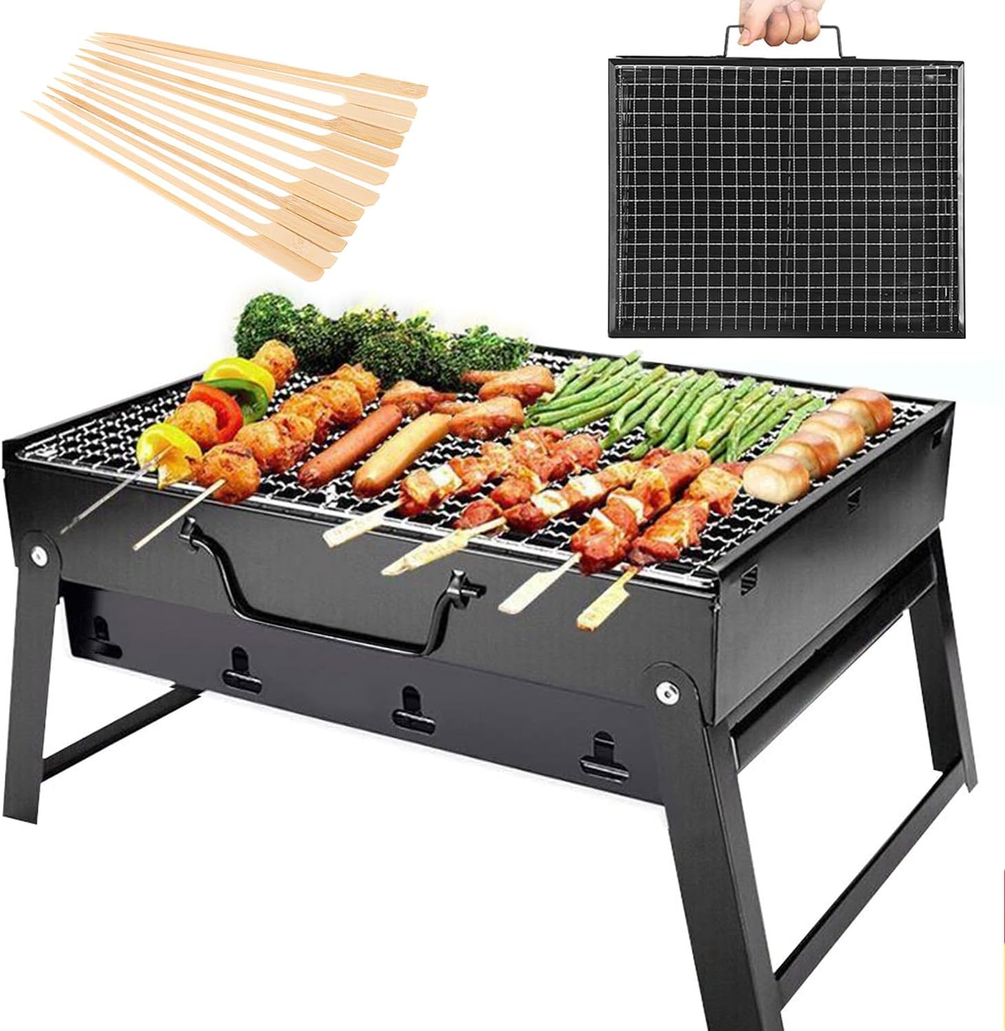 Yotsuba Charcoal BBQ Grill, Portable BBQ Set, Lightweight Barbecue Folding Steel Roast Rack +50 Pcs Bamboo BBQ Skewers(Bbq Grill Set + Bamboo BBQ Skewers)
