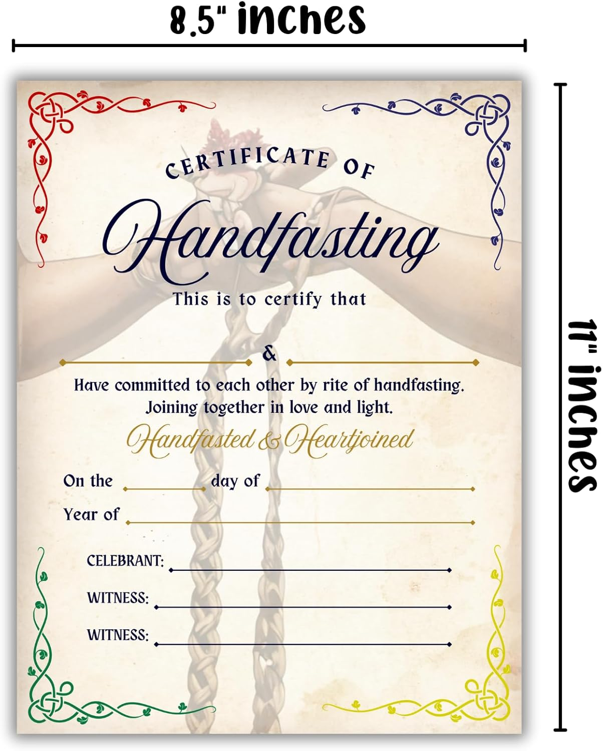 Handfasting Certificate Ceremony Cord Ribbon 6Pk 8.5X11&rdquo; on Linen Commitment Bound Celtic Medieval Secret Partner Parchment Marriage image number 1
