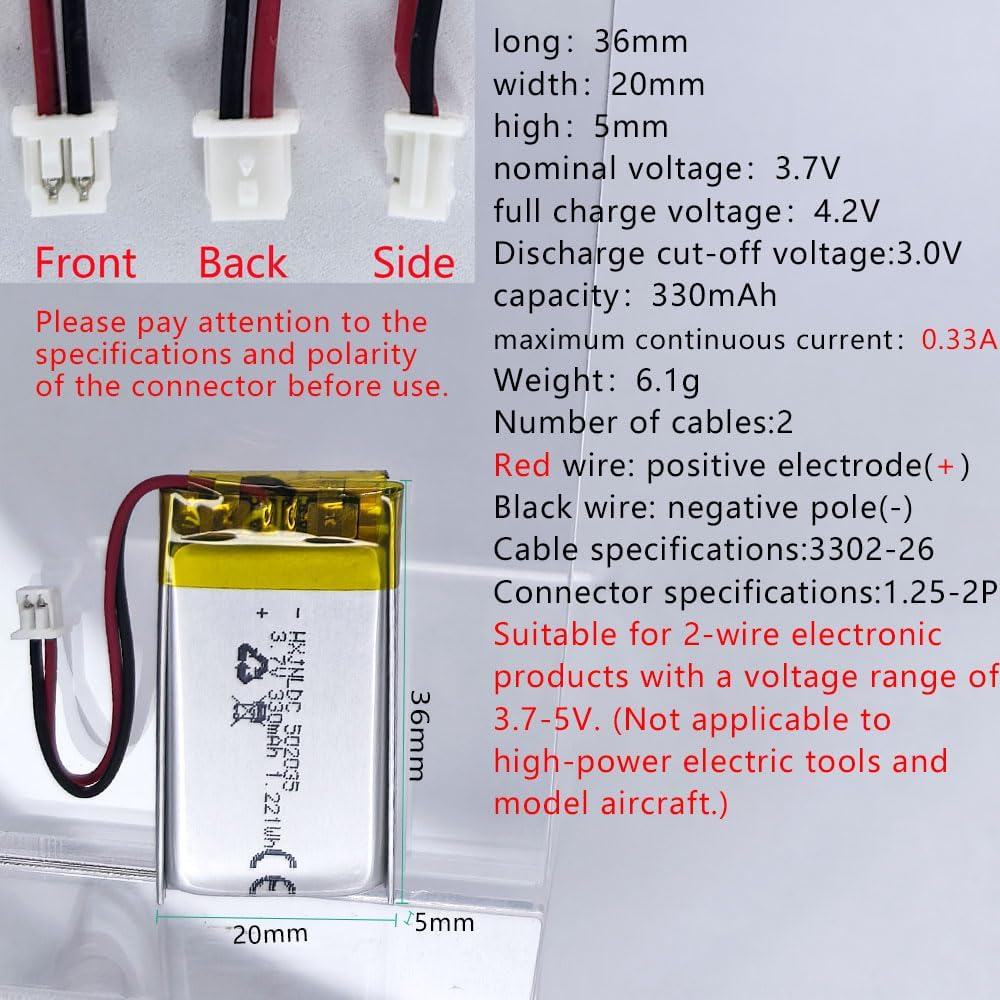 DC 3.7V 330Mah 502035 Rechargeable Lithium Polymer Battery, Suitable for DIY 3.7-5V Electronic Products with Built-In 2-Wire Battery Replacement and LED Lights image number 4