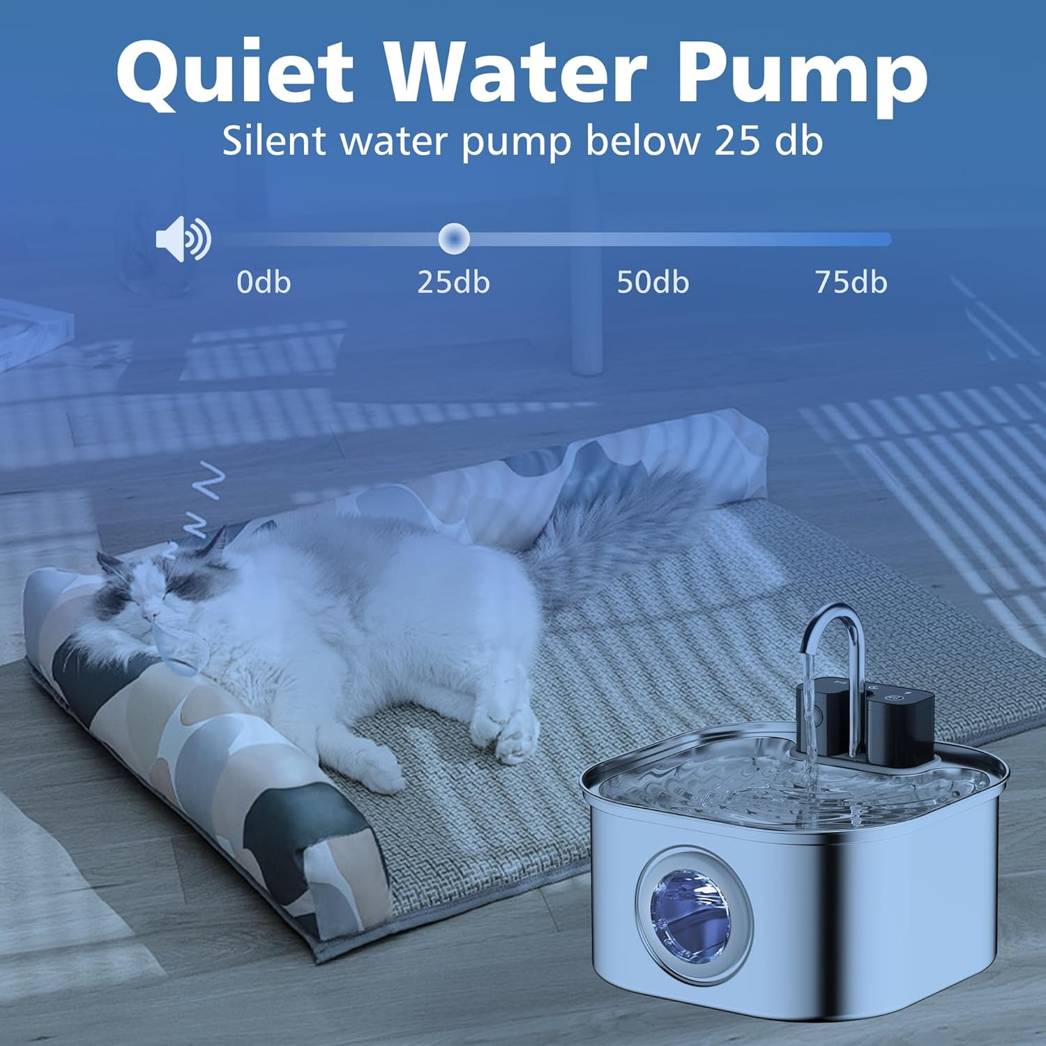 Cordless Cat Water Fountain Stainless Steel, 3.2L Automatic Wireless Pet Drinking Fountain Battery Operated with Water Level Window for Cats Dogs image number 3