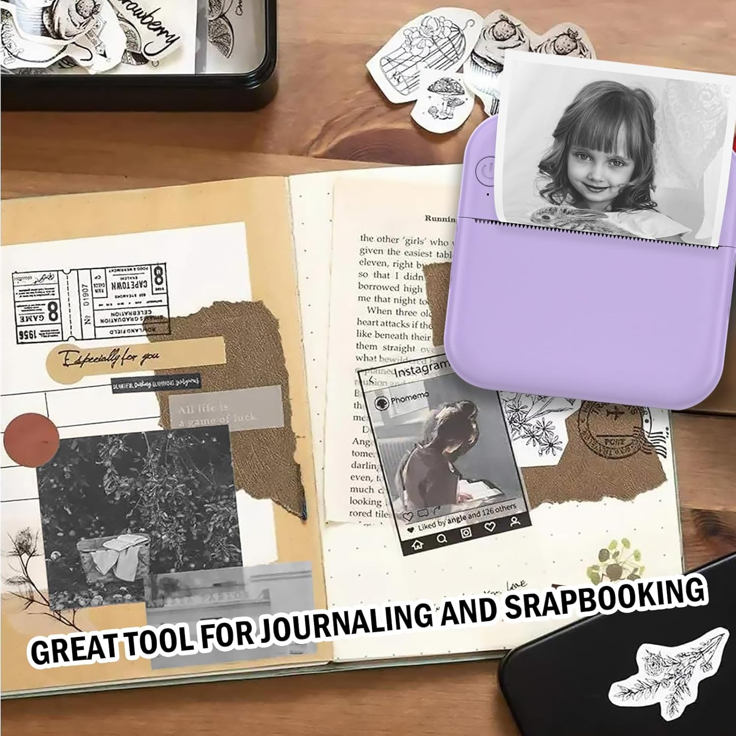 Mini Sticker Printer - Mini Pocket Printer for Iphone Thermal Printer with 10 Rolls Thermal Paper for Journal, Memo, Photo, Purple image number 6