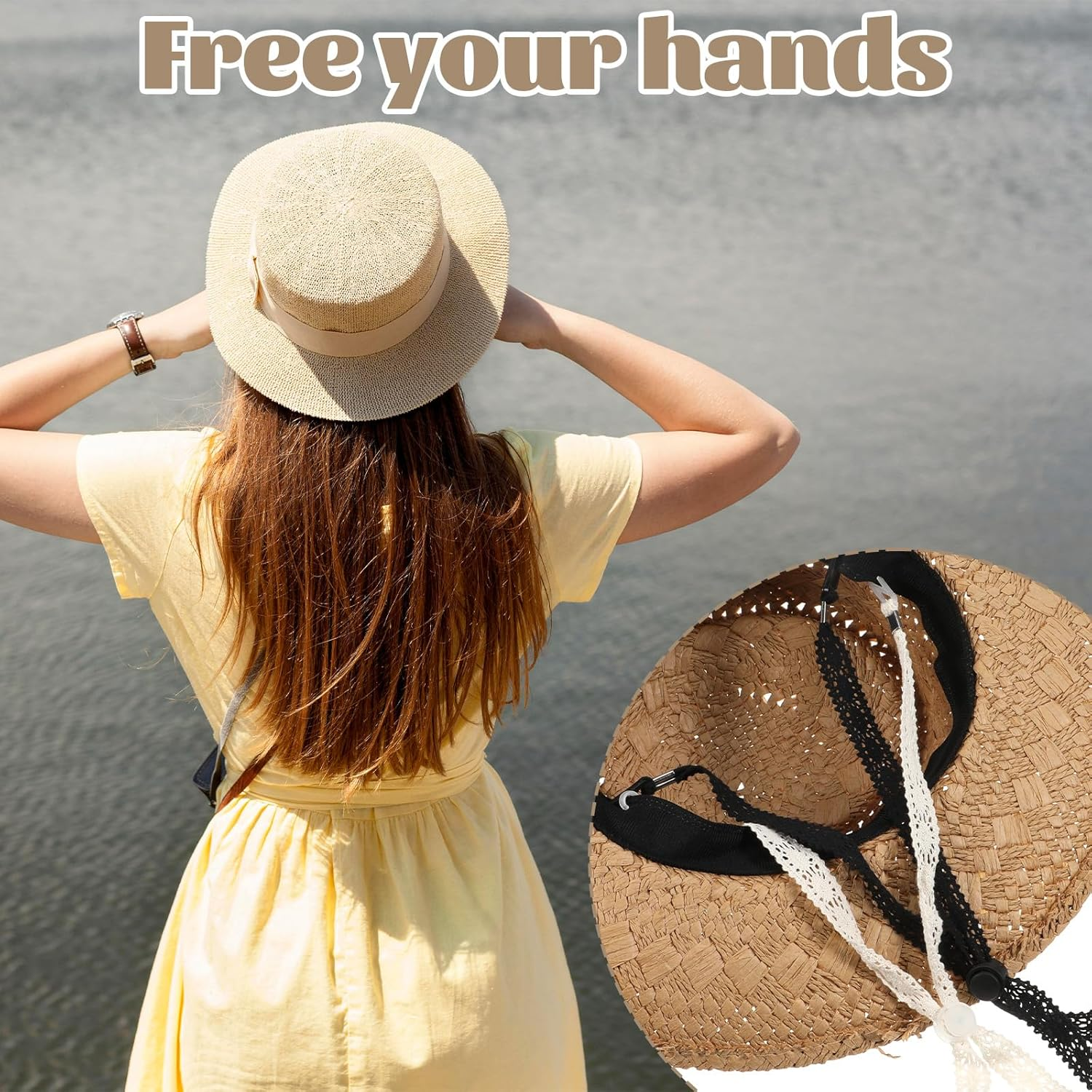 Tweruna 2 PCS Hat Straps for Wind, Adjustable Beige Black Chin Cord, Lace Sun Hat Chin Strap with Clips, Replacement Lace Windproof Keeper String for Women Outdoor Hats