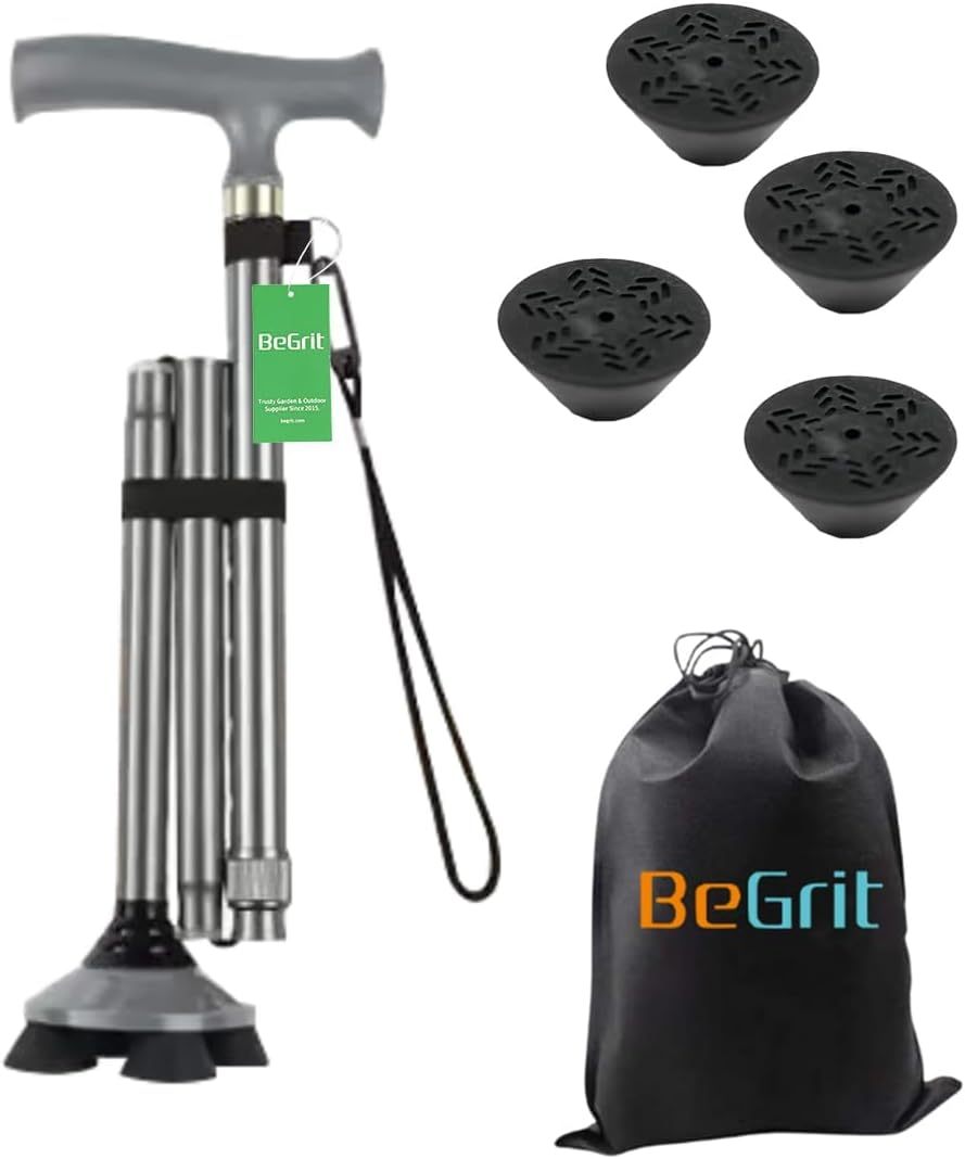 Begrit Adjustable Walking Stick Aluminum Folding Canes with Ergonomic Grip Carry Bag Free Standing Metal Collapsible Durable Walking Aid for Women Men Ladies Disabled