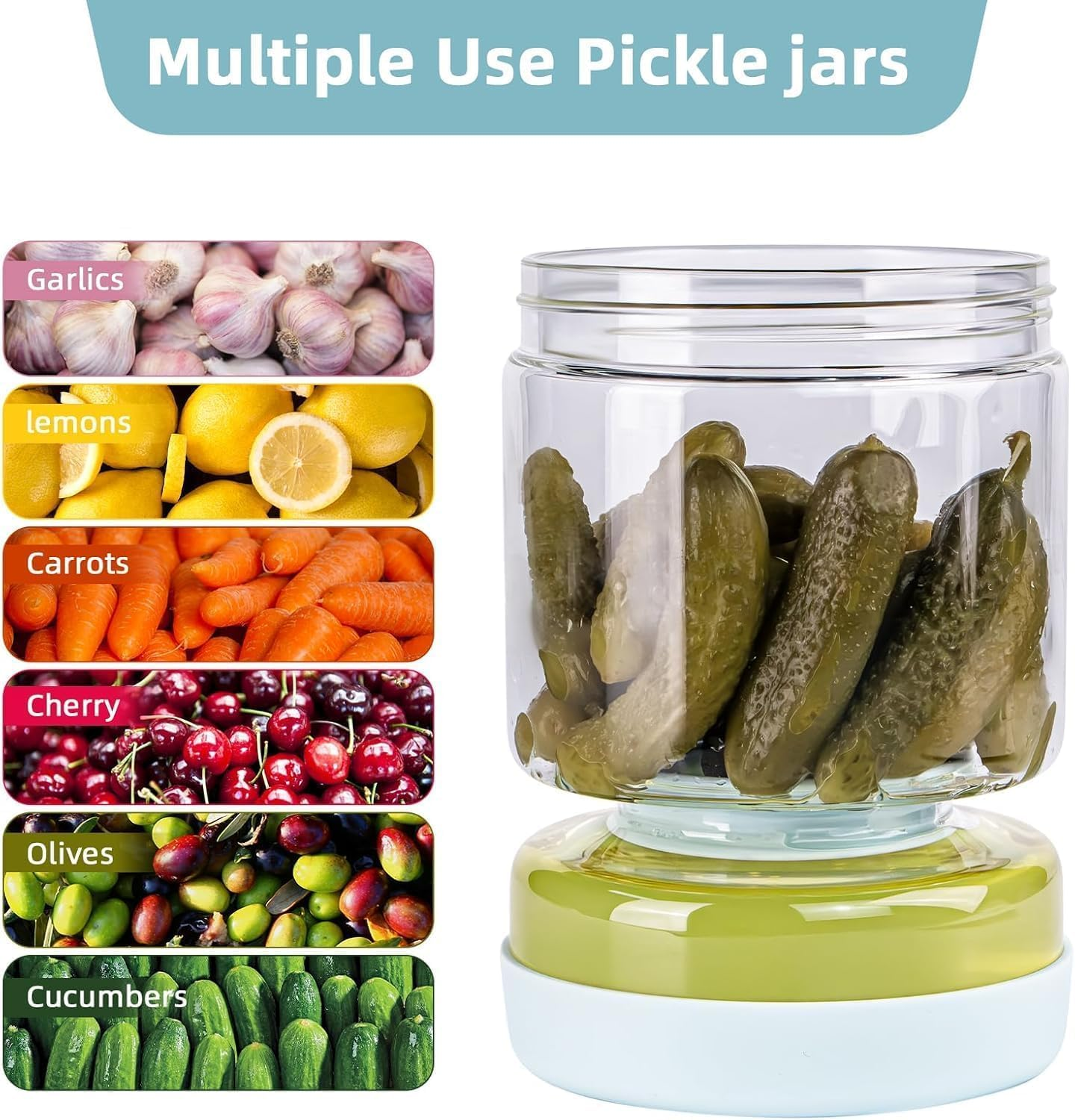 Glass Pickle Jar, Olive Hourglass Jar with Strainer,Airtight Pickle Juice Separator, Flip Container for Olives,Gherkin,Jalapeno - Glass Food Storage Container, Leakproof Dishwasher Safe 1L