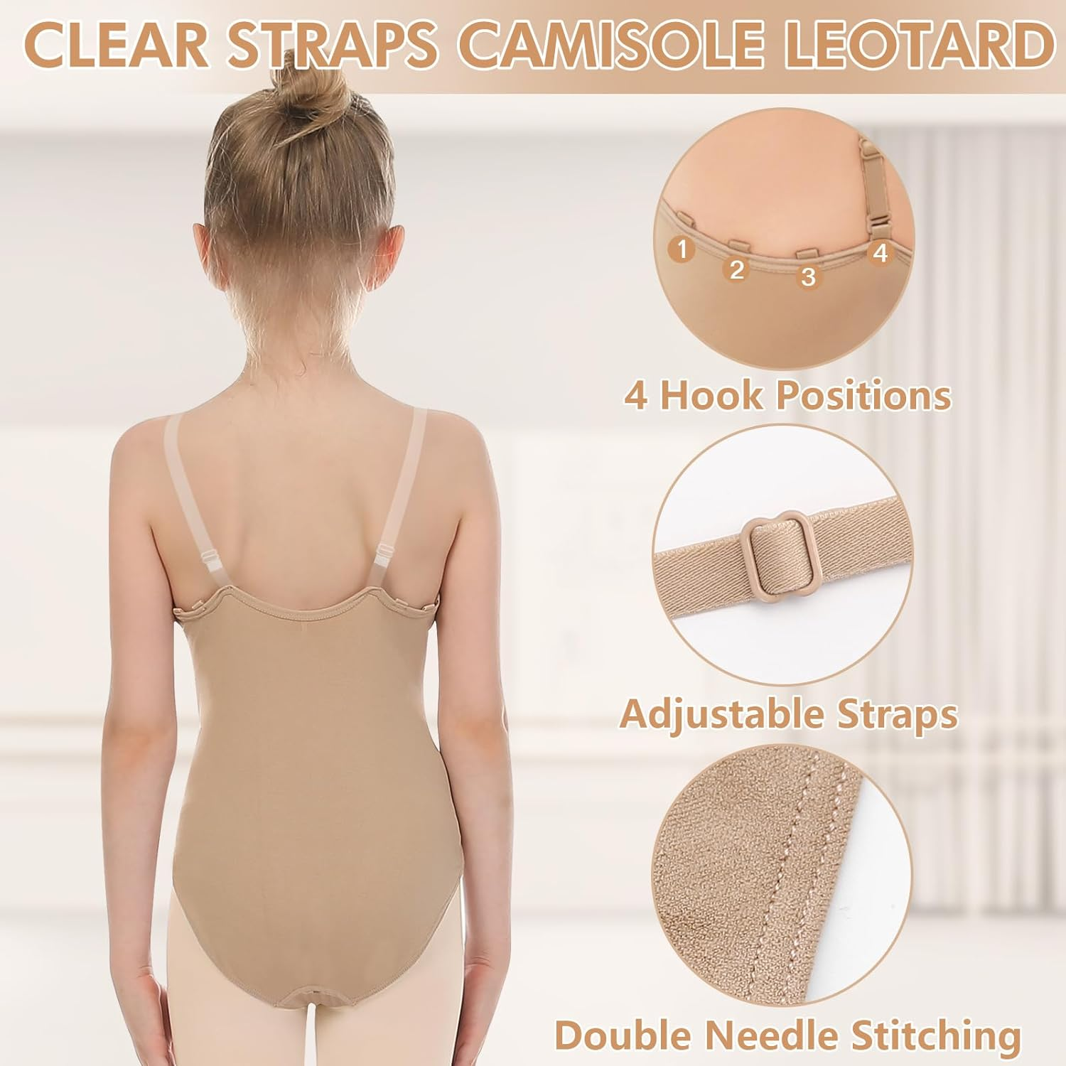 Girls Nude Leotard Seamless Camisole Leotards Undergarment for Ballet Dance Gymnastics with Adjustable Clear Straps image number 2