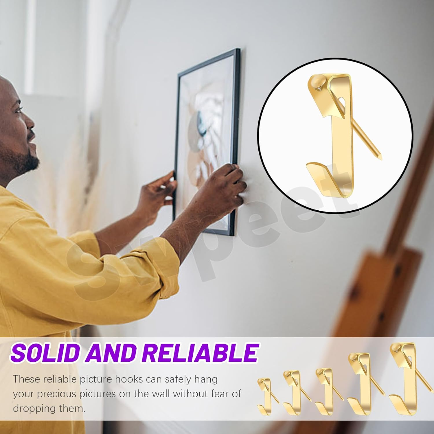 Swpeet 75Pcs 5 Sizes 10Lb/20Lb/30Lb/50Lb/100Lb Golden Picture Hangers with Nails Assortment Kit, Metal Picture Hanging Hooks, Heavy Duty Frame Picture Hooks, Picture Hanging Hardware for Drywall - Golden image number 2