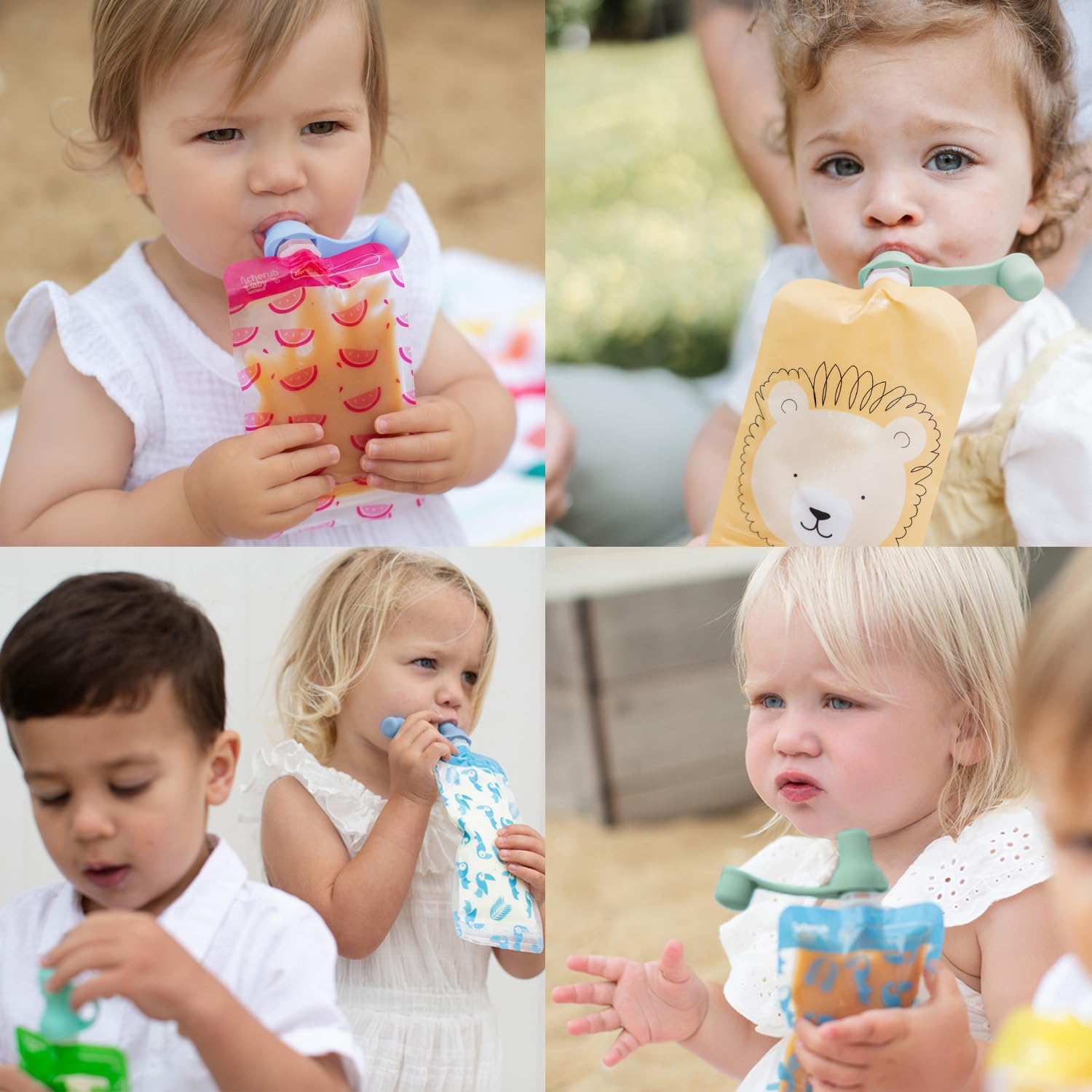 Cherub Baby Silicone Reusable Baby Food Pouch Topper Attachment Soft Non-Spill Spouts 2PK with Travel Case - Cerulean/Sage image number 3