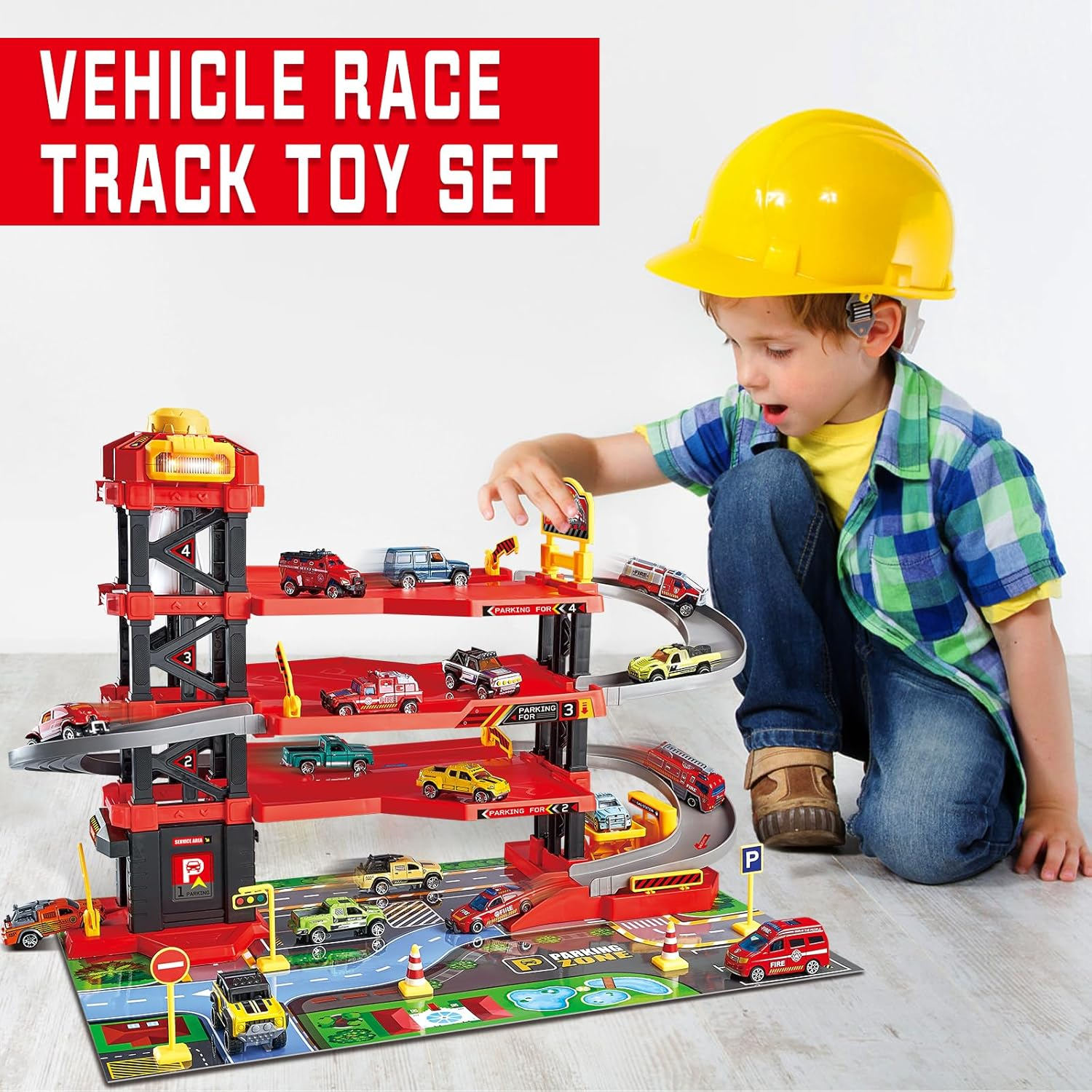 Parking Garage Toy Playset with 6 Little Alloy Construction Cars Adventure Track, Race Car Ramp Track Toys Sets Garage Playset (Red-Pack)