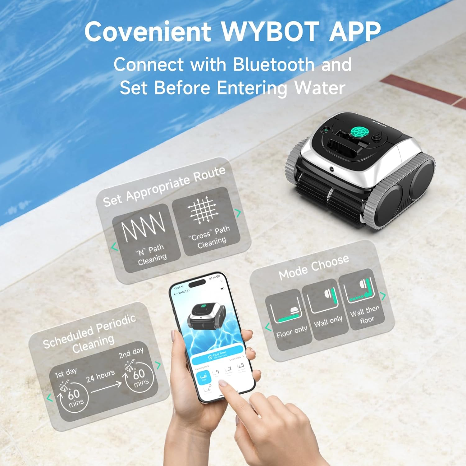 WYBOT C1 Cordless Pool Cleaner, Wall & Waterline Cleaning, Pool Vacuum Robot with Smart Route Planning, 150 Mins Runtime, for Inground Pools up to 150㎡ (Blackwhite & Green) image number 3