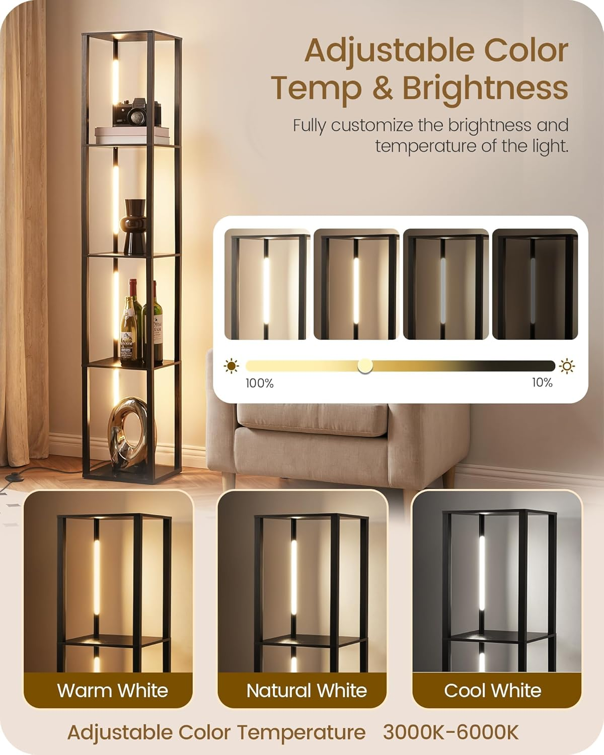 LED Floor Lamp with Shelves, Modern Corner Shelf with Light, LED Floor Lamp with Remote for Living Room, Stepless Dimmable Standing Tall Light for Bedroom, Office image number 5