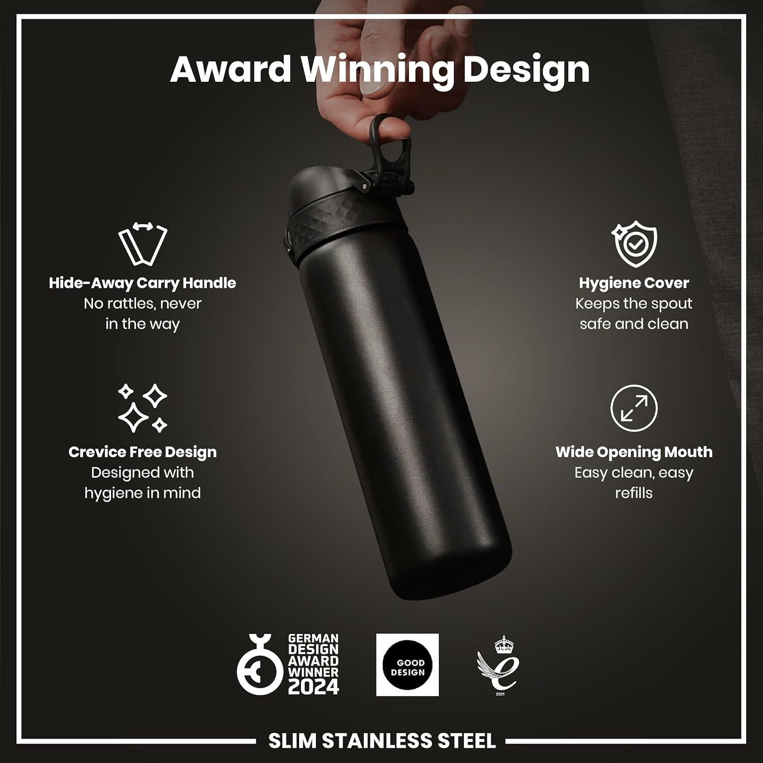 Ion8 Steel Water Bottle, 600 Ml/20 Oz, Leak Proof, Easy to Open, Secure Lock, Hygienic Flip Cover, Fits Cup Holders, Carry Handle, Durable, Carbon Neutral image number 2
