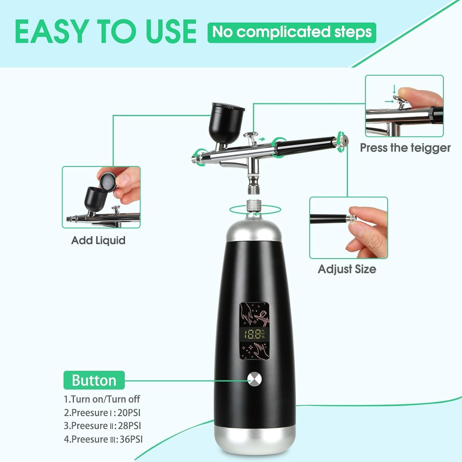 Airbrush Kit 36PSI with Compressor Portable Cordless 2600Mah Rechargeable Paint Spray Pen Set for Multi-Purpose Kit like Makeup, Cake Decoration, Coloring Patterns, Nail Art, Tattoo image number 5