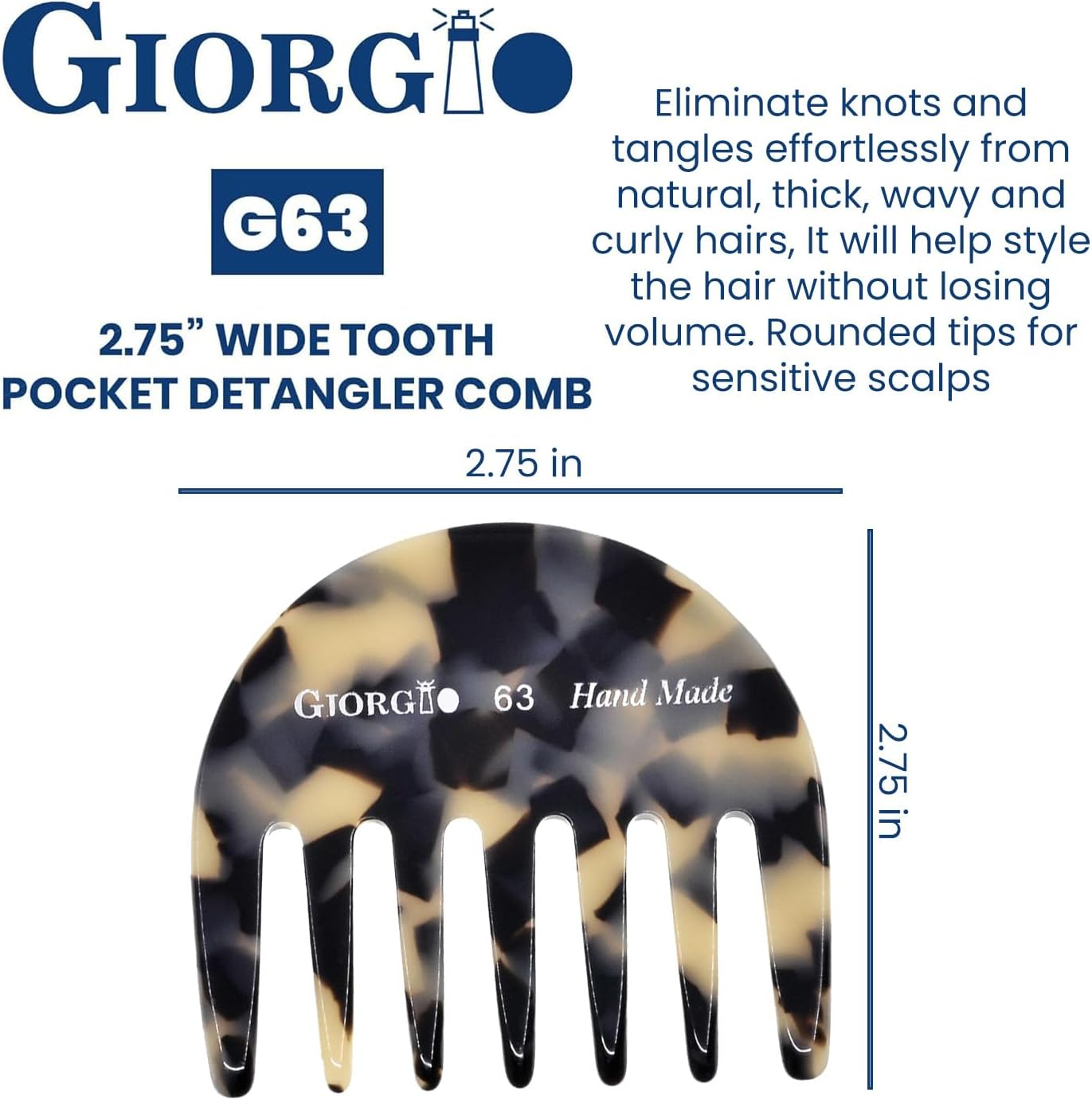 Giorgio G63 Wide Tooth Comb - Detangling, Pocket and Travel Comb for Thick Hair, Hair Detangler for Wet and Dry Everyday Care. Handmade, Saw-Cut, and Polished image number 4