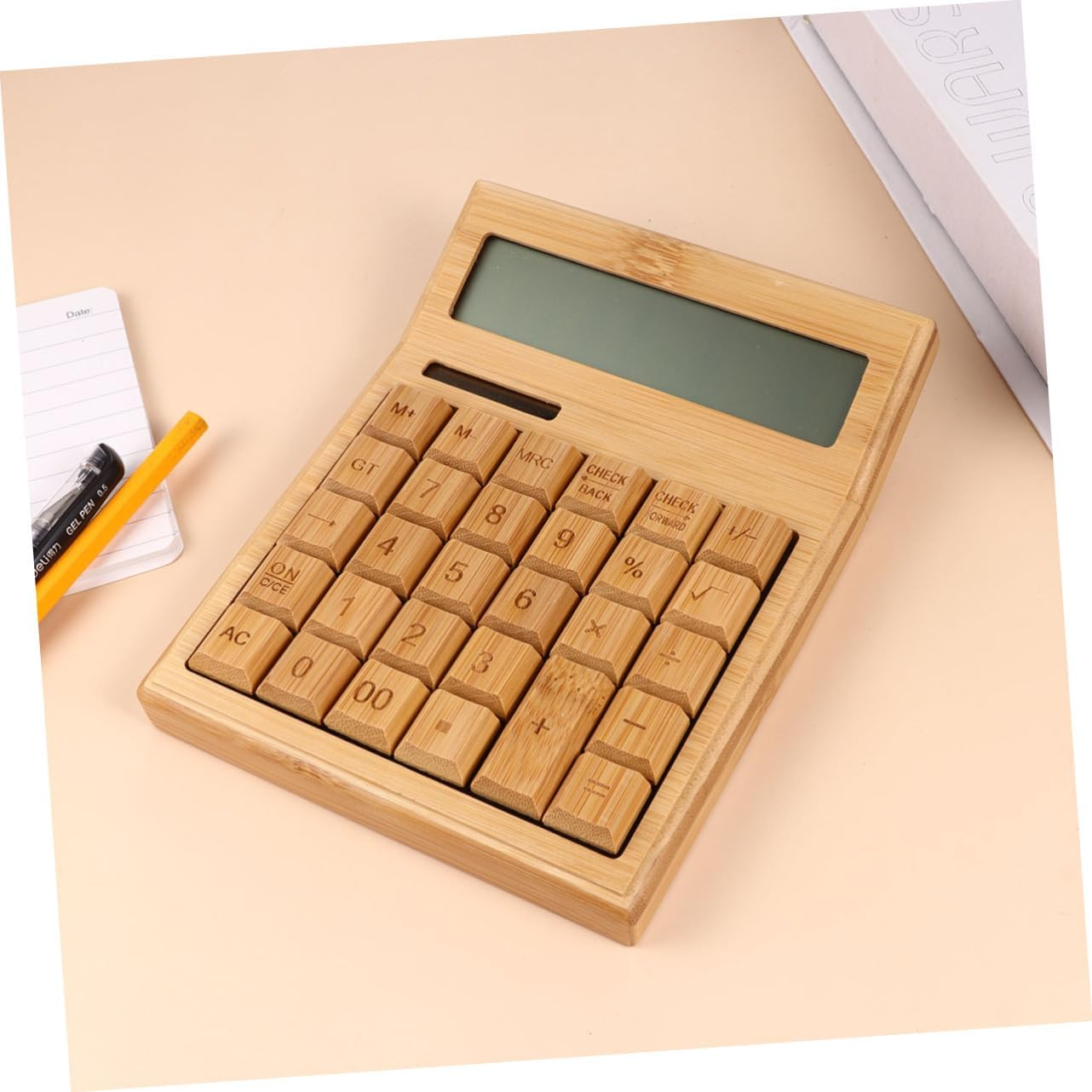 Key Bamboo Solar Calculator for Office Portable Electronic Calculator Buttons for Desk Use and Basic Calculations - Light Brown image number 2