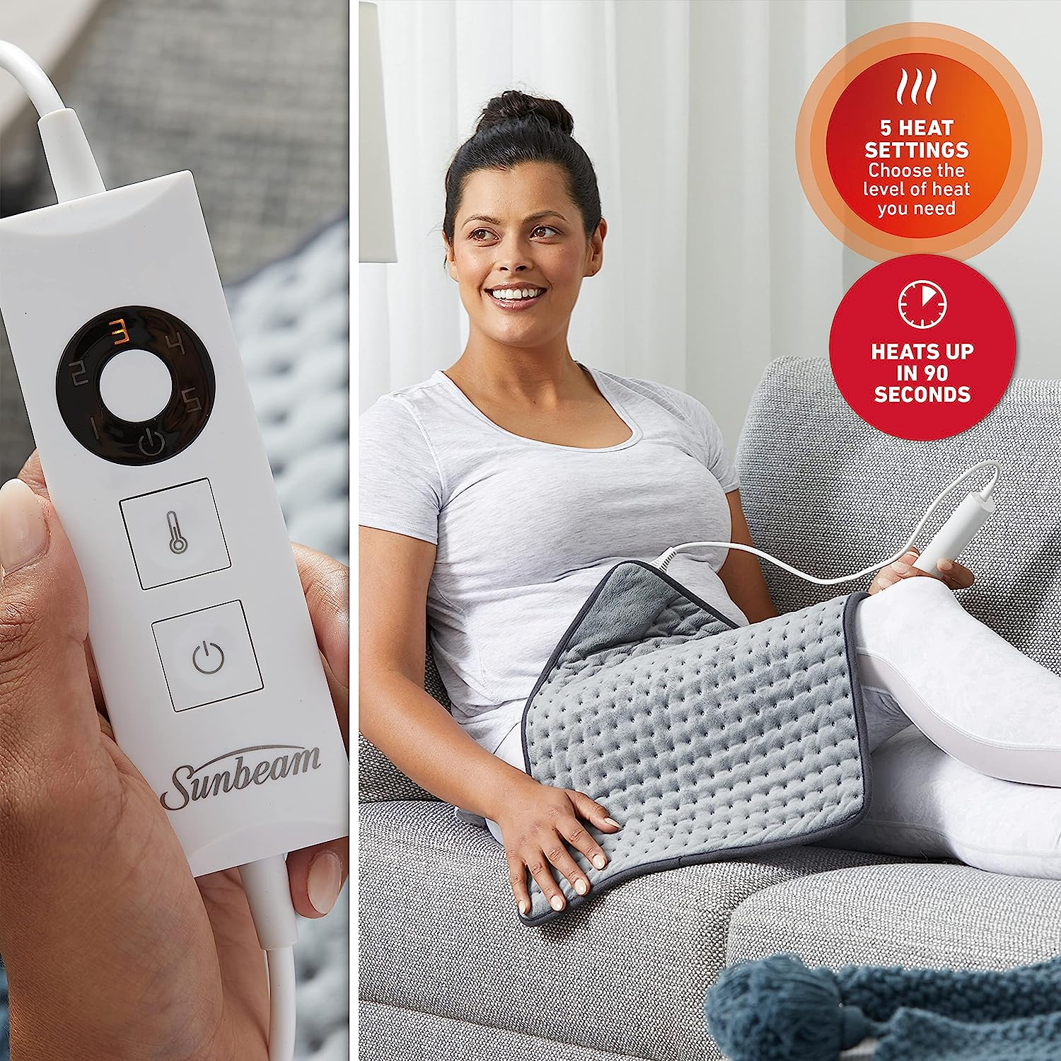 Sunbeam Multipurpose Electric Heating Pad XL |38X50Cm, Wide Coverage, 5 Heat Settings to Soothe Muscles, Fast Heat-Up, Consistent Temperature, Soft Washable Fabric, Wellness Product, Grey (HPM5100) image number 1