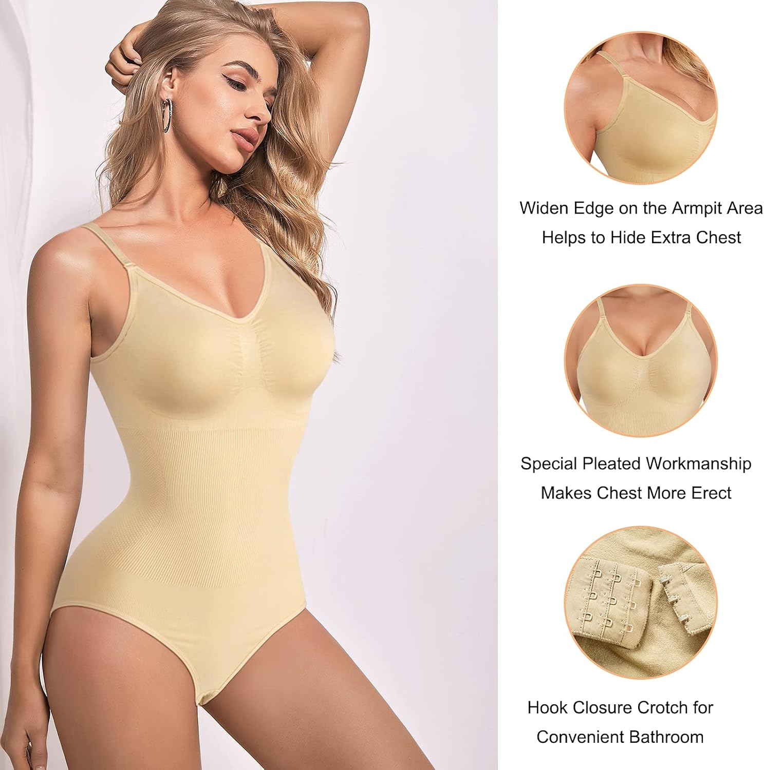 AOSBOEI Women Bodysuit Tops Shapewear Seamless Tummy Control Slimming Waist V Neck Sculpting Jumpsuits Body Shaper image number 3